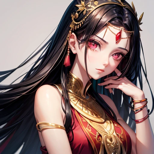 A slender, kind woman in a red toga Straight black hair with forehead exposed Jeweled band on forehead Pink eyes with long eyelashes Upper Body