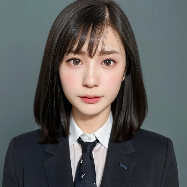 (kawaii 24 year-old Japanese girl, Nogizaka idol, Korean idol), (glossy black hair, short bob, even and symmetric hair design:1.3), (deep black eyes, rounded face, single eyelid, no makeup, serious expression:1.2), (wearing suit jacket, collared shirt, necktie:1.3), (extra small breasts:0.9), (facing straight at camera:1.2), BREAK, (simple blue background, yearbook background:1.3), (portrait, id photo, bust shot, view from straight forward:1.3), (keep enough top margin to avoid the head cropped:1.3), BREAK, (masterpiece, best quality, photo realistic, official art:1.4), (UHD, 8K quality wallpaper, high resolution, raw photo, golden ratio:1.3), (shiny skin), professional lighting, physically based rendering, award winning, (highly detailed skin, extremely detailed face and eyes), Carl Zeiss 85 mm F/1.4, depth of field, 1girl, solo,