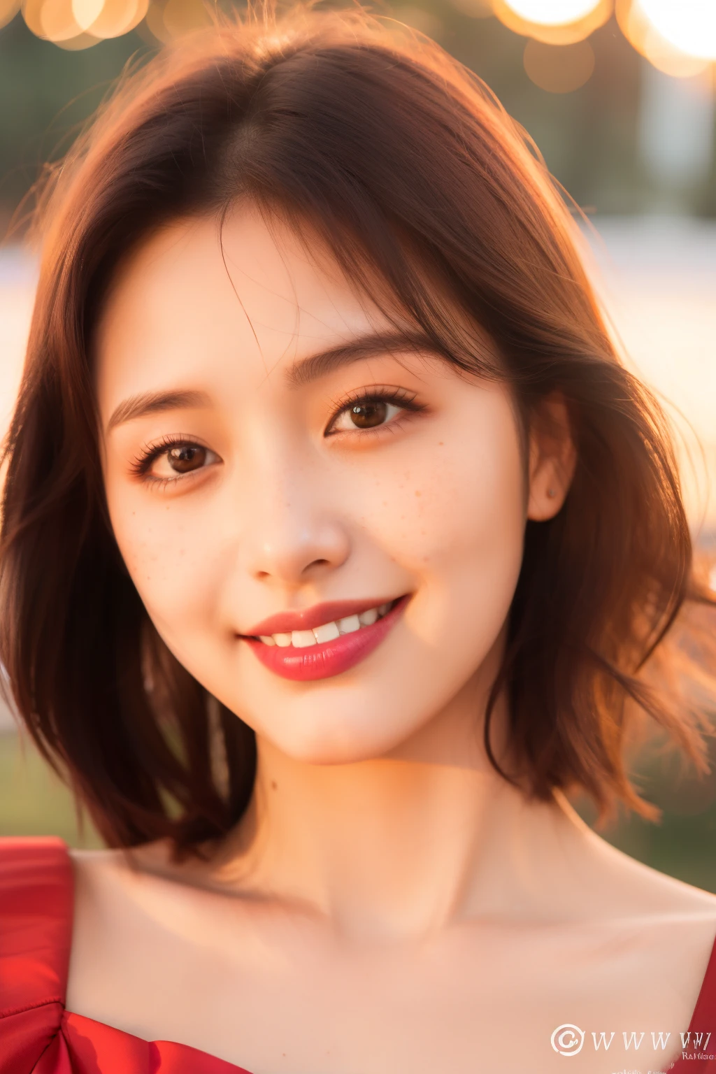 1 girl, 23 years old, south korean, masterpiece, perfect face, soft skin, freckles under eyes, short whavy brown hair, bobhair, shining purple eyes, red eyeliners, red lips, smile, closed mouth, natural makeup, white top, sundown, soft lighting, closeup.