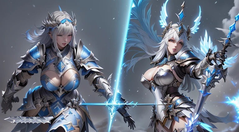 Wearing armor、Female figure holding a sword, Blue and white armor,Huge Breasts,Showing cleavage, Lineage 2 风格, From《Lineage 2》, Game CG, Multiplayer online role-playing games fantasy, Ice and Storm Queen, Sword Soul, <Multiplayer online role-playing gamess scene, fantasy duel, Multiplayer online role-playing games, Final Fantasy 14: Skyward Sword, Wizard Duel, Nixon and Sakimchan, Fantasy Battle
