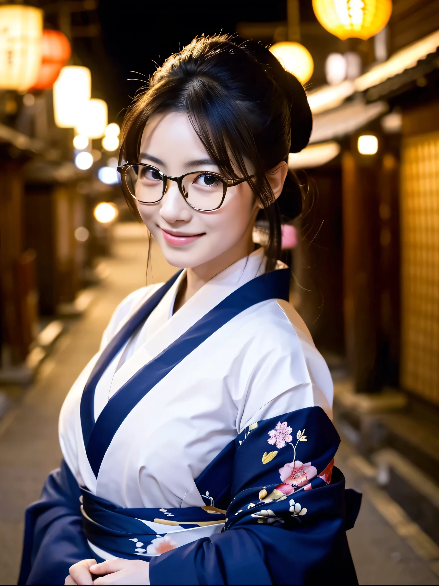(Super beautiful woman in kimono)、((highest quality、8K masterpiece:1.3))、sharp focus:1.2、(super beautiful face:1.0)、(shiny skin:1.0)、realistic pictures、black hair、video lighting、High resolution eyes and face、video lighting、japanese actress、from the front、big breasts、with a happy smile、Slender abs beauty、whole body、wearing a kimono、in Kyoto、luxury obi、In Kyoto at night、wearing glasses with no edge