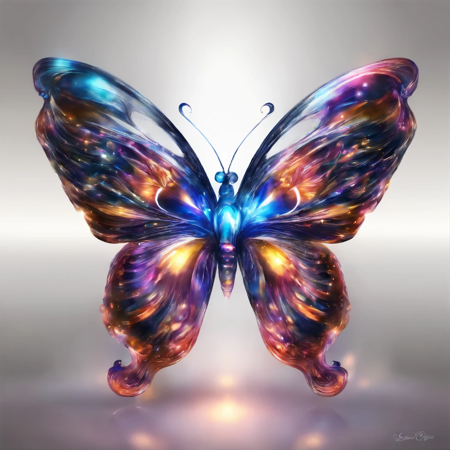 Sapphire-colored butterfly,Their colors are not of this world.,Glittering like stardust. This butterfly flies through space with flowing liquid metal and floating crystals,Every flap of the wings creates subtle ripples in space.,Create surreal visual effects.,