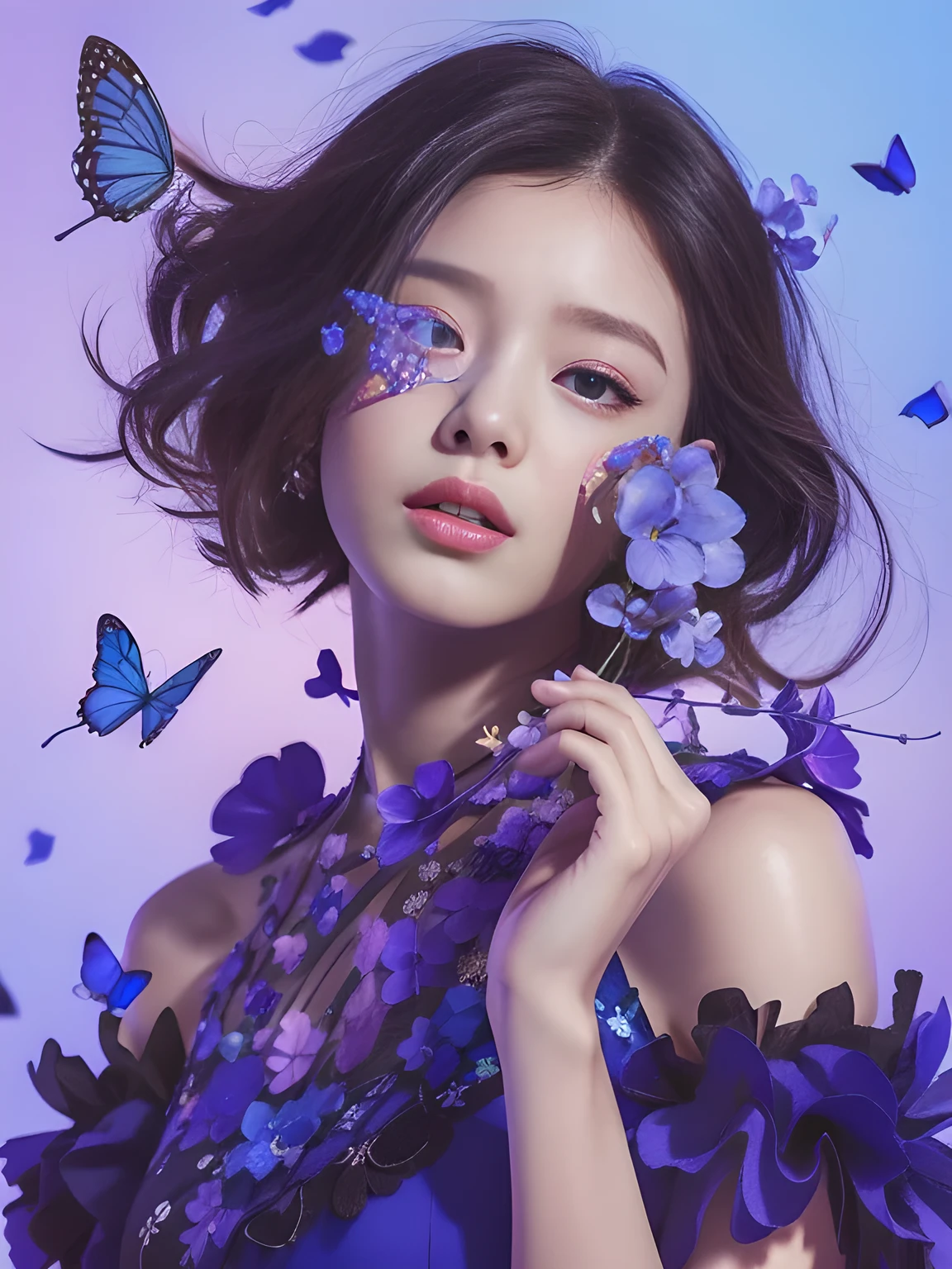 blue butterfly floating in the air， blue flowers, (blue butterfly), woman in blue dress, inspired by Yanjun Cheng, Beautiful digital illustrations, 8k high quality detailed art, guweiz, Popular on cgstation, Inspired by Russell Dongjun Lu, detailed lips, perfect face, young