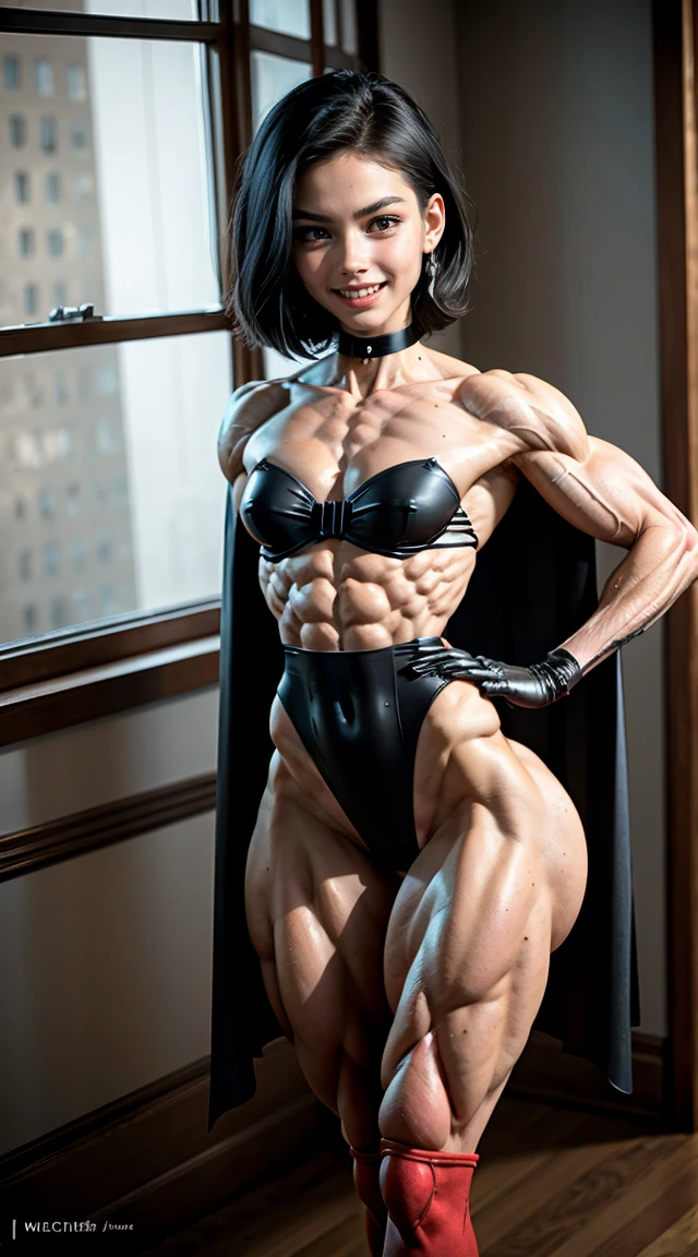 (Muscular:2.4), (thick thighs:2),
(female, green eyes, pale skin, jet black hair:1.3), adult, bob cut,
(big smile:1.5), detailed eyes,
small breasts,
(earrings, eyeshadow, lipstick),
(leotard, small cape, gloves, skirt, abs window, bare legs, choker:1.5),
(upper body view:2.3), (three quarter view:1.3), looking at viewer,
rim lighting, two tone lighting, dimly lit