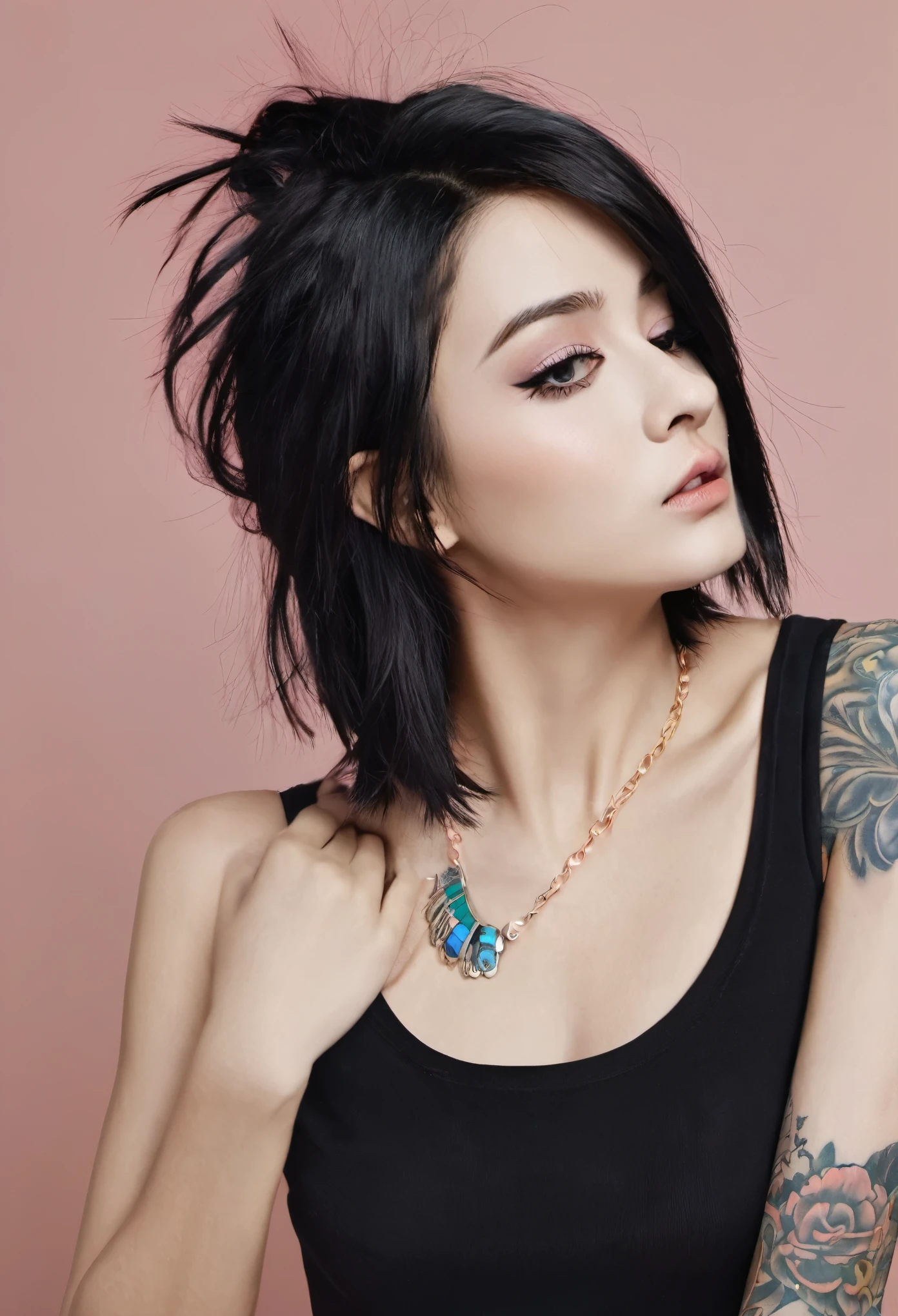 Mulher, shoulder-length black hair, olhos azuis e boca rosa, tatuada e de top