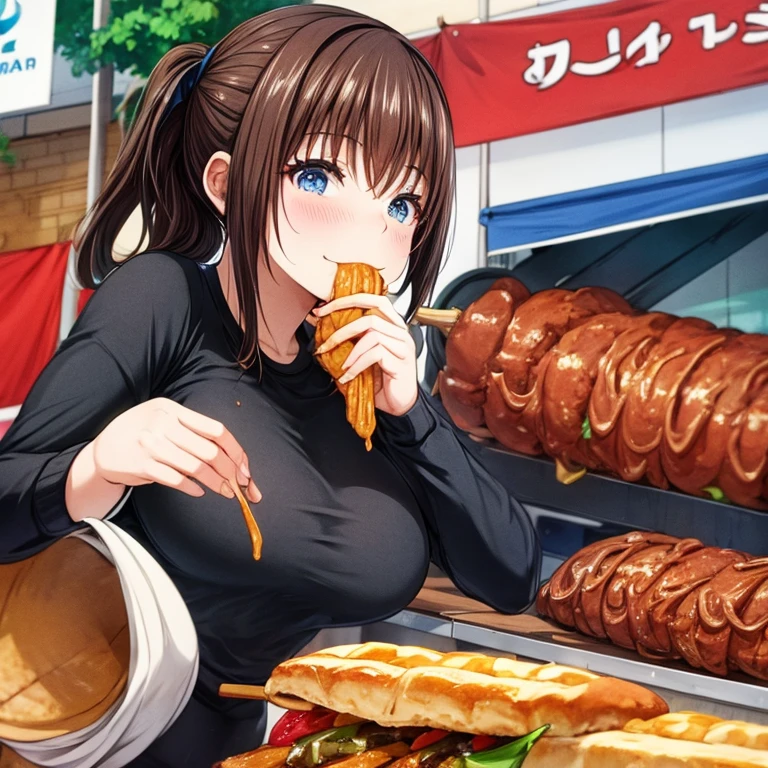 Woman in leggings eating giant kebab at a food stall Tight clothing highest quality