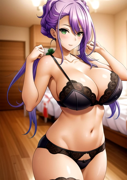 green_Eye, purple_hair, (hair 双马尾), Young women,fair Finger,fair long legs,fair body,fair Nose,fair character design, perfect Eye, perfect Face,expressive Eye,Perfect balance, Looking at the audience,(Focus on her Face),Shut up, (Innocent_Large target_Eye:1.0),Light_Smile, official art,Extremely detailed CG Unity 8K wallpaper, Perfect lighting,rich and colorful, bright_front_Face_Lighting,有Light泽的皮肤, (masterpiece:1.0),(the best_quality:1.0), Ultra-high resolution,4K,Super detailed, photography, 8k, HDR, high resolution, absurd:1.2, Kodak Portrait 400, Film Grain, Blurred background, Bokeh:1.2, 鏡頭Light暈, (Energetic_color:1.2),专业photography师, (fair,Large target_breast:1.4), (fair_Face:1.5),(narrow_waist),black underwear,black lace,blackbra, black underwear, black lingerie, Slim sexy body, full body, bride