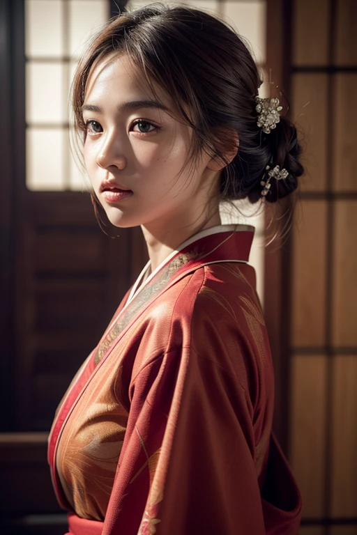 8k, highest quality, masterpiece, Ultra-high resolution, (realism: 1.4), Original photo, (Realistic skin texture: 1.3), (Film Grain: 1.3), , 1 girl, Beautiful eyes and facial details, masterpiece, highest quality, Red kimono, whole body, Looking at the audience