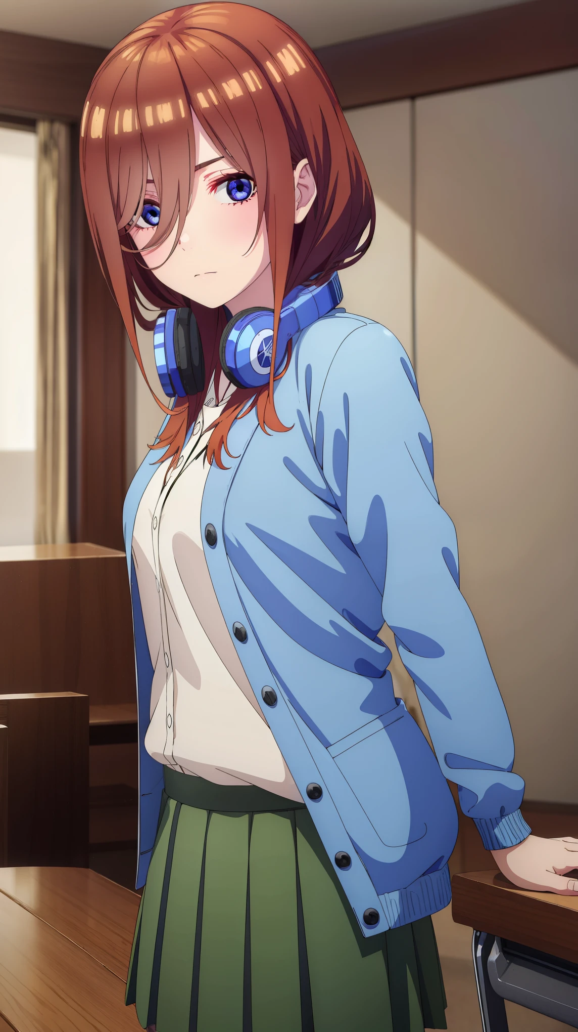  (upper body: 1.5) , miku nakano, long hair, bangs, blue eyes, brown hair, shirt, hair between eyes, headphones, cardigan, headphones around neck,
BREAK skirt, shirt, long sleeves, white shirt, pantyhose, pleated skirt, black pantyhose, cardigan, green skirt, blue cardigan,
BREAK indoors, classroom,
BREAK looking at viewer, 
BREAK (masterpiece:1.2), best quality, high resolution, unity 8k wallpaper, (illustration:0.8), (beautiful detailed eyes:1.6), extremely detailed face, perfect lighting, extremely detailed CG, (perfect hands, perfect anatomy),