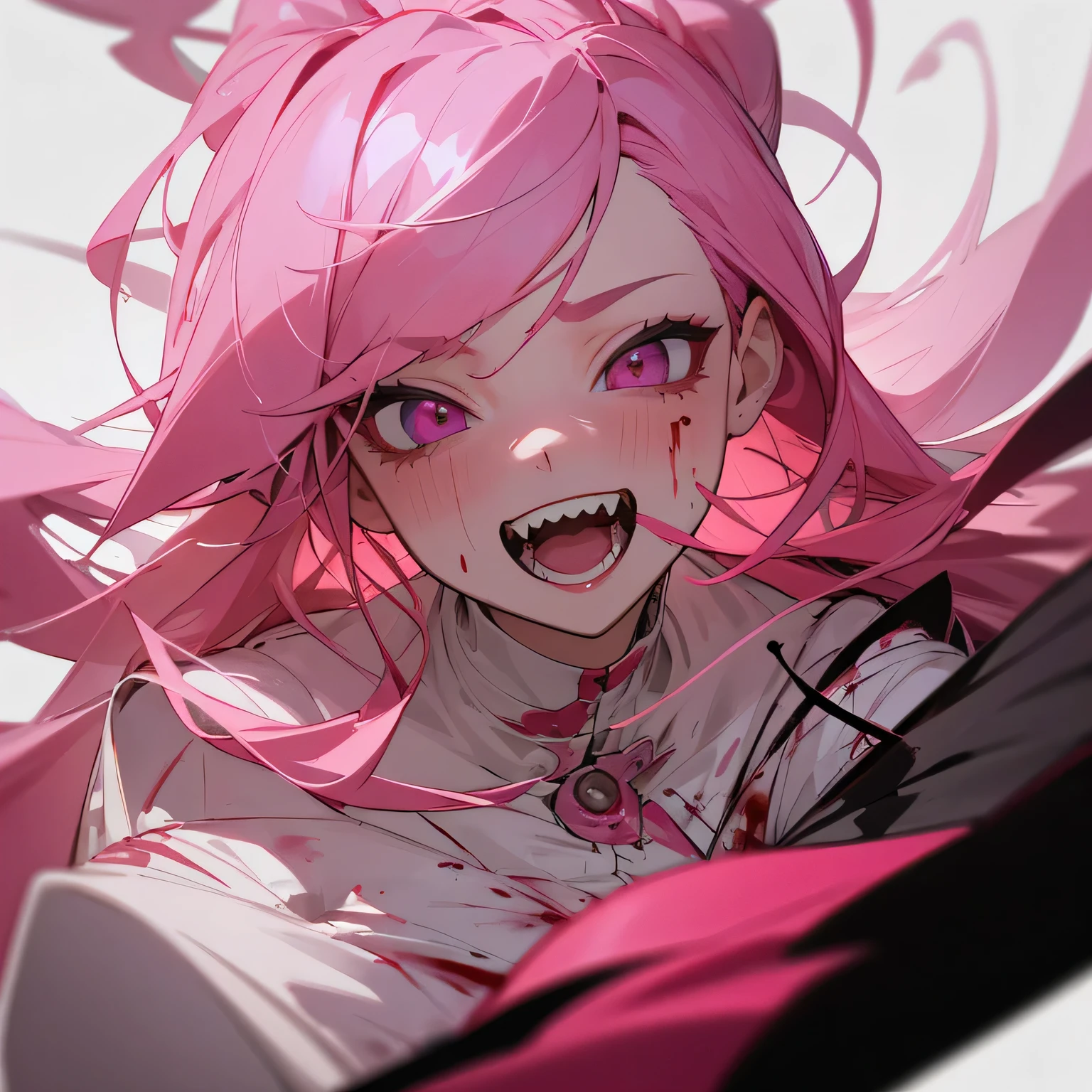 masterpiece,best quality,ultra-detailed,high resolution,extremely detailed, woman, pink irises, smile, insane expression, blood on face, blood on clothes, long hair, pink hair, sharp teeth