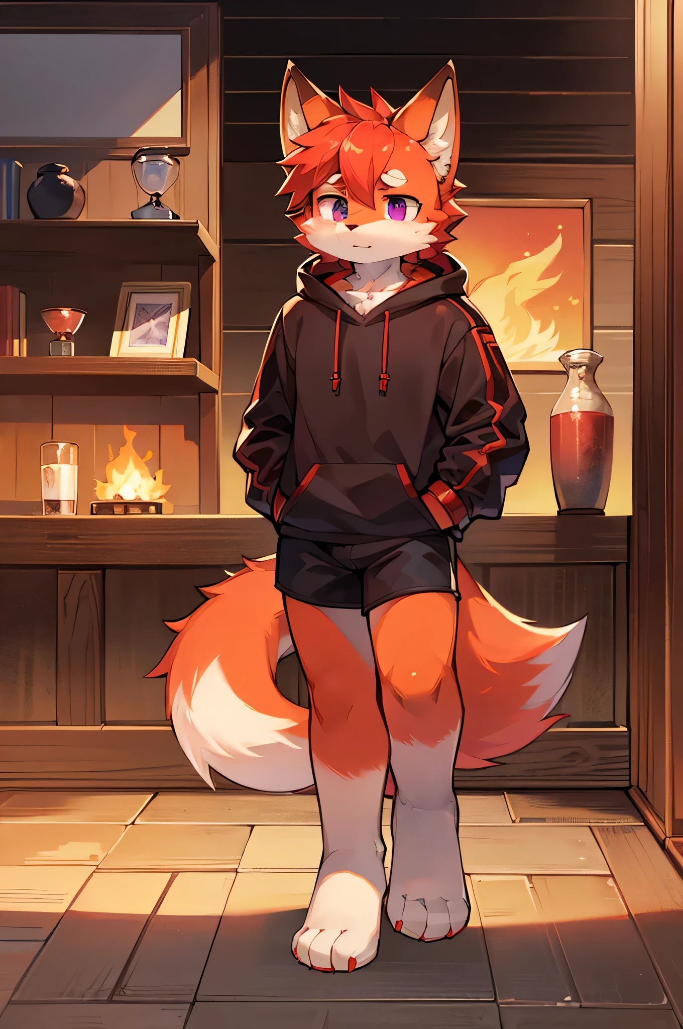 masterpiece, best quality, 8k resolution, Very detailed, hairy,Solitary,Fox ears,Red fur,Red and White,Little Firefox,male,Lovely,Shy,Fire Magic,Detailed facial depiction,Highest quality scene,Purple Eyes,whole body,male。Blue sweatshirt,Black shorts,juvenile,Dynamic,Standing