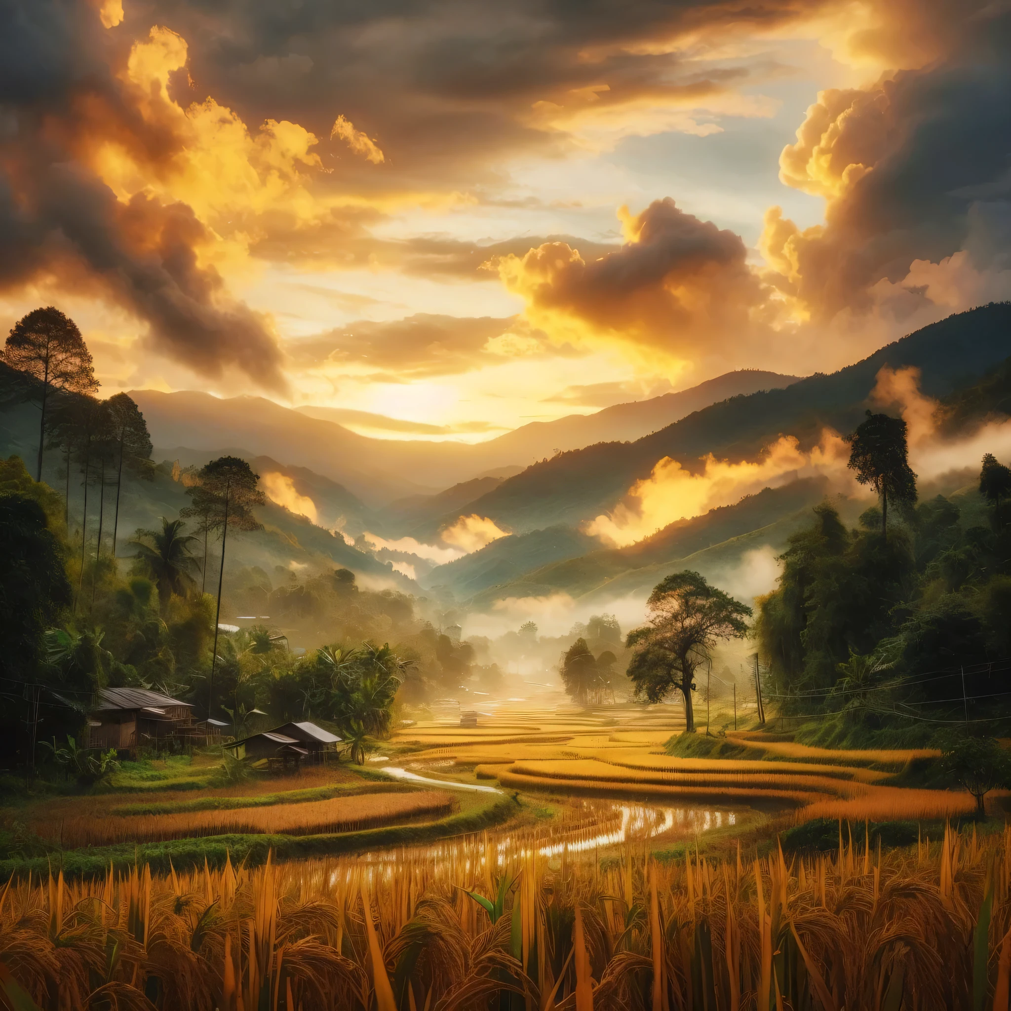sebuah jalan desa, di pinggir jalan terdapat tanaman padi yang sudah menguning tua, terdapat pohon-pohon yang tinggi dan besar, di kejauhan terlihat pegunungan hijau yang diselimuti kabut tipis, langit sedikit biru dengan awan oranye dramatis, matahari terbenam