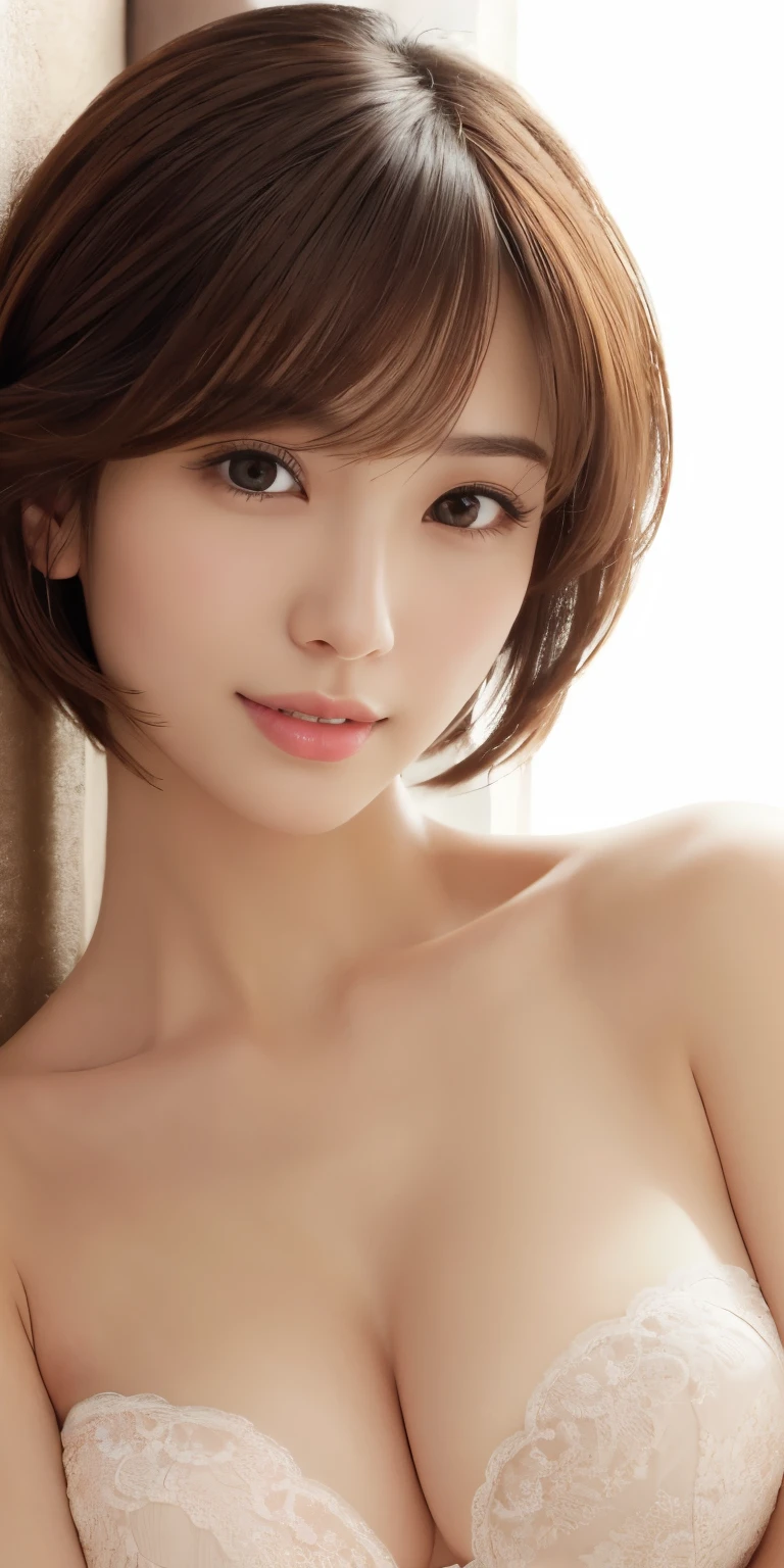 masterpiece、highest quality、High resolution、Tabletop、wallpaper、Realistic、Bright lighting、Professional Lighting、Face Light、Smooth lighting、Japanese women、Adult、Beautiful woman、action、gravure、sexy、poor、so beautiful、Beautiful Skin、Beautiful and detailed、Detailed face、slim、moderately、short hair、Brunette colored hair、Brown eyes、Looking at the camera、Strapless bra