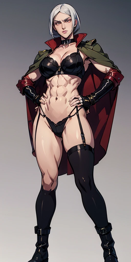 ((Plain background 1:2)) (Cammy White Street Fighter white silver short bob haircut) Female full body standing straight symmetrical looking to the viewer RED full body armored (handcuffs, shackles, rerebrace, faulds, poleyn, gauntlets, leather collar choker, gloves, gauntlets, high boots bootstraps, black stockings) 2 crossing big belt under belly button, navel, abs, garter straps belts attaching bra ((hands on hips)) view from below, wide hips - choppy bangs, arched crescent eyebrows, sharp and determined eyes, a delicate oval face, a serious expression, a fantasy-style dark green military coat, draped with a dark red cloak, leather combat boots, silver greaves leggings, this character embodies a finely crafted fantasy style female military officer in anime style, exquisite and mature manga art style, pale skin, big breast knockers cleavage,
