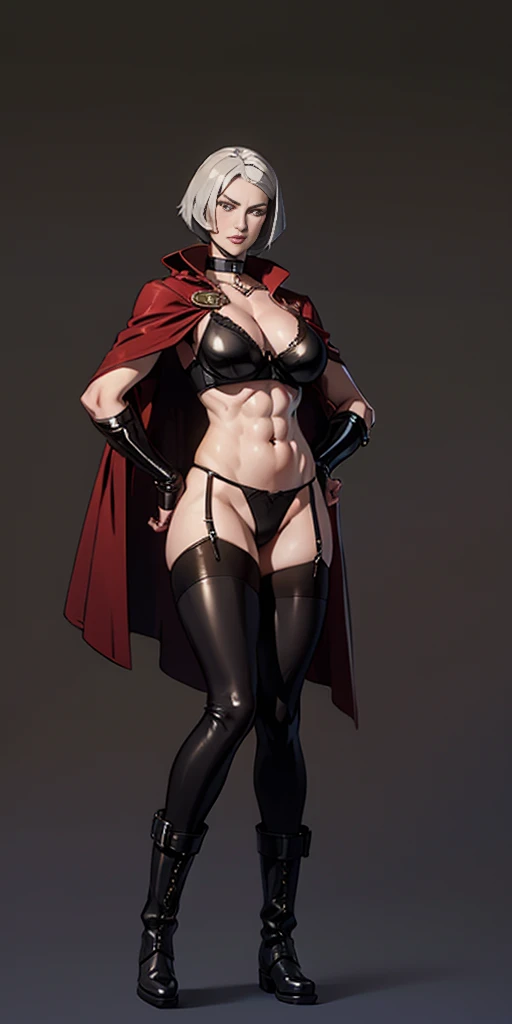 ((Plain background 1:2)) (Cammy White Street Fighter white silver short bob haircut) Female full body standing straight symmetrical looking to the viewer RED full body armored (handcuffs, shackles, rerebrace, faulds, poleyn, gauntlets, leather collar choker, gloves, gauntlets, high boots bootstraps, black stockings) 2 crossing big belt under belly button, navel, abs, garter straps belts attaching bra ((hands on hips)) view from below, wide hips - choppy bangs, arched crescent eyebrows, sharp and determined eyes, a delicate oval face, a serious expression, a fantasy-style dark green military coat, draped with a dark red cloak, leather combat boots, silver greaves leggings, this character embodies a finely crafted fantasy style female military officer in anime style, exquisite and mature manga art style, pale skin, big breast knockers cleavage,