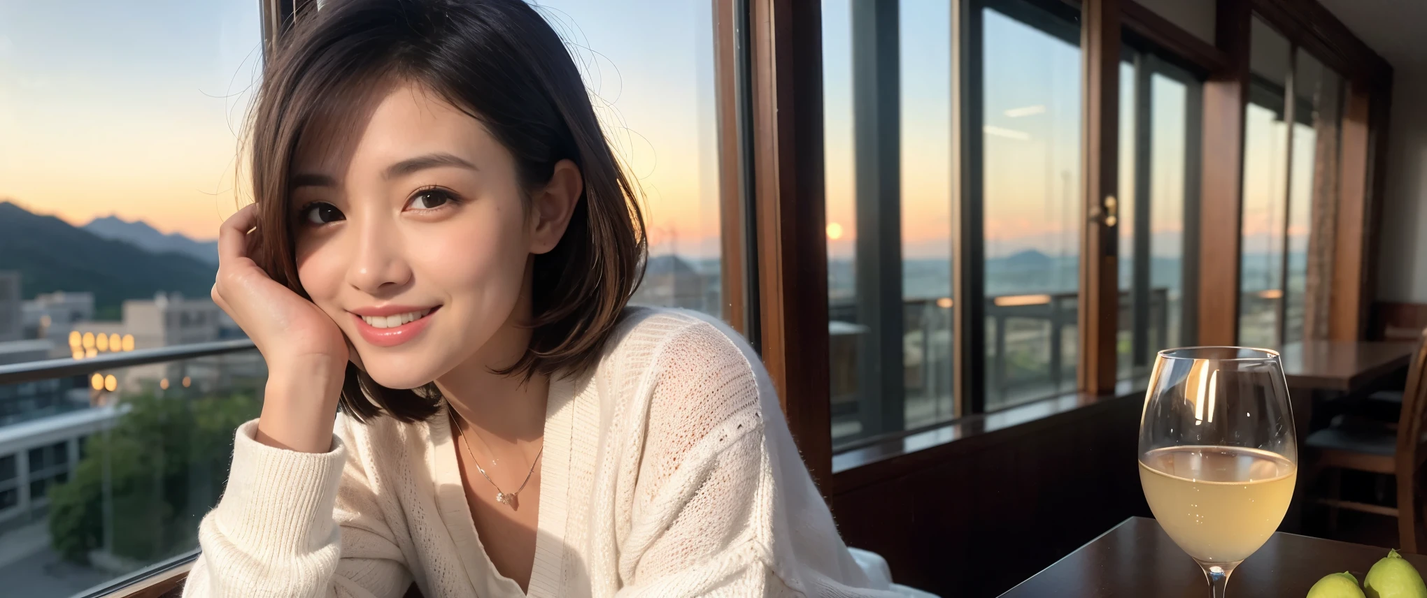 ((highest quality、8k、masterpiece:1.3))、Sharp focus:1.2、Beautiful woman perfect body:1.4、slimなボディ、((Bob Hale、Straight hair:1.2))、(to be born, highest quality, masterpiece:1.5), (Realistic, Intricate details:1.2), Ultra-high resolution, Put the light on your face、Amazing view of the sunset sky and clouds、Amazing mountain views、ニコニコ明るいsmile、wine glass、red wine 、Appetizers、Italian food、Wine bottle、Champagne、sparkling wine、, Beautiful Face, blue eyes, The light shines on your face, Blushing, short hair,Bright Face、Fox face、 (42 years old), 40 years old, Lady、Two beauties、Brown Hair、Shortcuts、Long sleeve shirt、dress、Pretty Woman 1, (slimな顔), (The body is slim), (Brown Hair), (Shortcuts), cheeks turn a little red,Attractive beauty、, Out of the window, A beautiful and detailed night view unfolds.........., restaurant, In a prominent place (From the waist up) Nova Frog Style, actress, model, Upper Body, White wine, slim, wine glass, 真ん中に置かれたwine glass, smile, (smile: 1.15), Beautiful fine grain, Depth f/2,saturation, High Contrast, Strong light and shadow,Moist Body:1.5、3D texture、Delicate eyes、Brown Hair、The hair is very shiny、