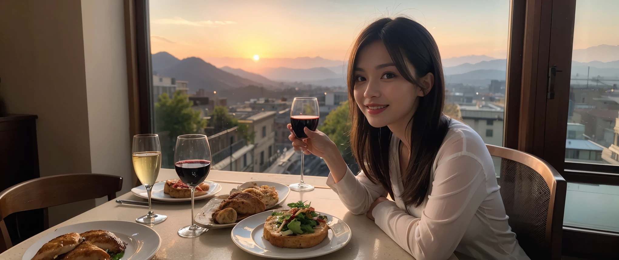 ((highest quality、8k、masterpiece:1.3))、Sharp focus:1.2、Beautiful woman perfect body:1.4、slimなボディ、((Bob Hale、Straight hair:1.2))、(to be born, highest quality, masterpiece:1.5), (Realistic, Intricate details:1.2), Ultra-high resolution, Put the light on your face、Amazing view of the sunset sky and clouds、Amazing mountain views、ニコニコ明るいsmile、wine glass、red wine 、Appetizers、Italian food、Wine bottle、Champagne、sparkling wine、, Beautiful Face, blue eyes, The light shines on your face, Blushing, short hair,Bright Face、Fox face、 (42 years old), 40 years old, Lady、Two beauties、Brown Hair、Shortcuts、Long sleeve shirt、dress、Pretty Woman 1, (slimな顔), (The body is slim), (Brown Hair), (Shortcuts), cheeks turn a little red,Attractive beauty、, Out of the window, A beautiful and detailed night view unfolds.........., restaurant, In a prominent place (From the waist up) Nova Frog Style, actress, model, Upper Body, White wine, slim, wine glass, 真ん中に置かれたwine glass, smile, (smile: 1.15), Beautiful fine grain, Depth f/2,saturation, High Contrast, Strong light and shadow,Moist Body:1.5、3D texture、Delicate eyes、Brown Hair、The hair is very shiny、