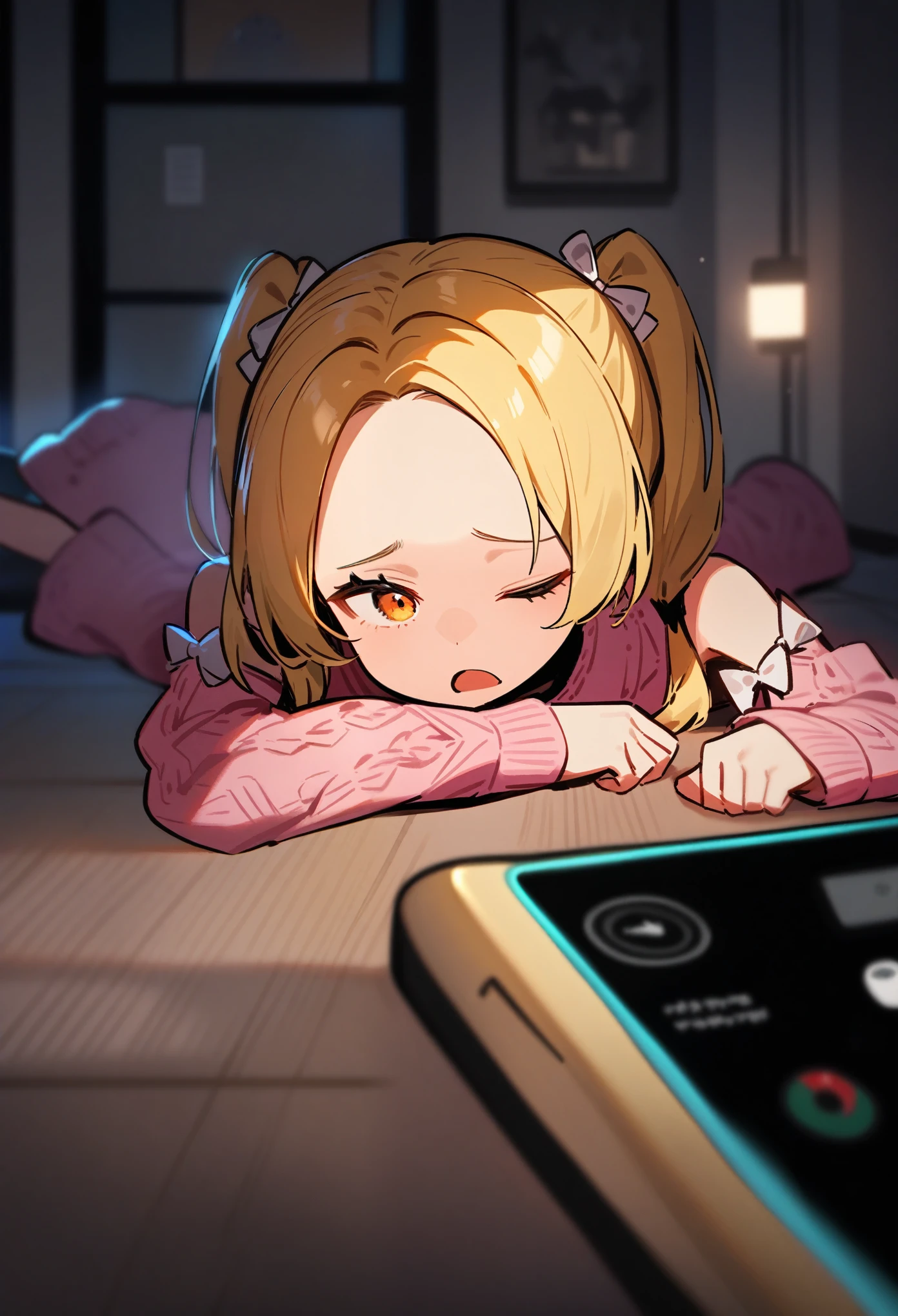 (((masterpeice))), adult, skinny, lolita, half-close_eyes, 18_years_old, braided_twintails, forehead, orange_eyes, one_eye_open, one_eye_closed, yawn, tired, kicking legs, head, blonde, phone, dimly lit, indoors, dark, hands, perfect_fingers, pink_sweater, cut_out_shoulders, crochet_sweater, white_bows_on_sleeves, half_closed_eye, depth_perception, lying down, close-up, head:0.1, phone:1.1, phone_in_foreground, smooth lighting, head in foreground, looking at phone, lying_down, pink_futon, dark_room, inside, reaching_for_phone, looking_at_phone, foreground_layers, half_asleep, dark, black surroundings, glowing phone, hang-up_button