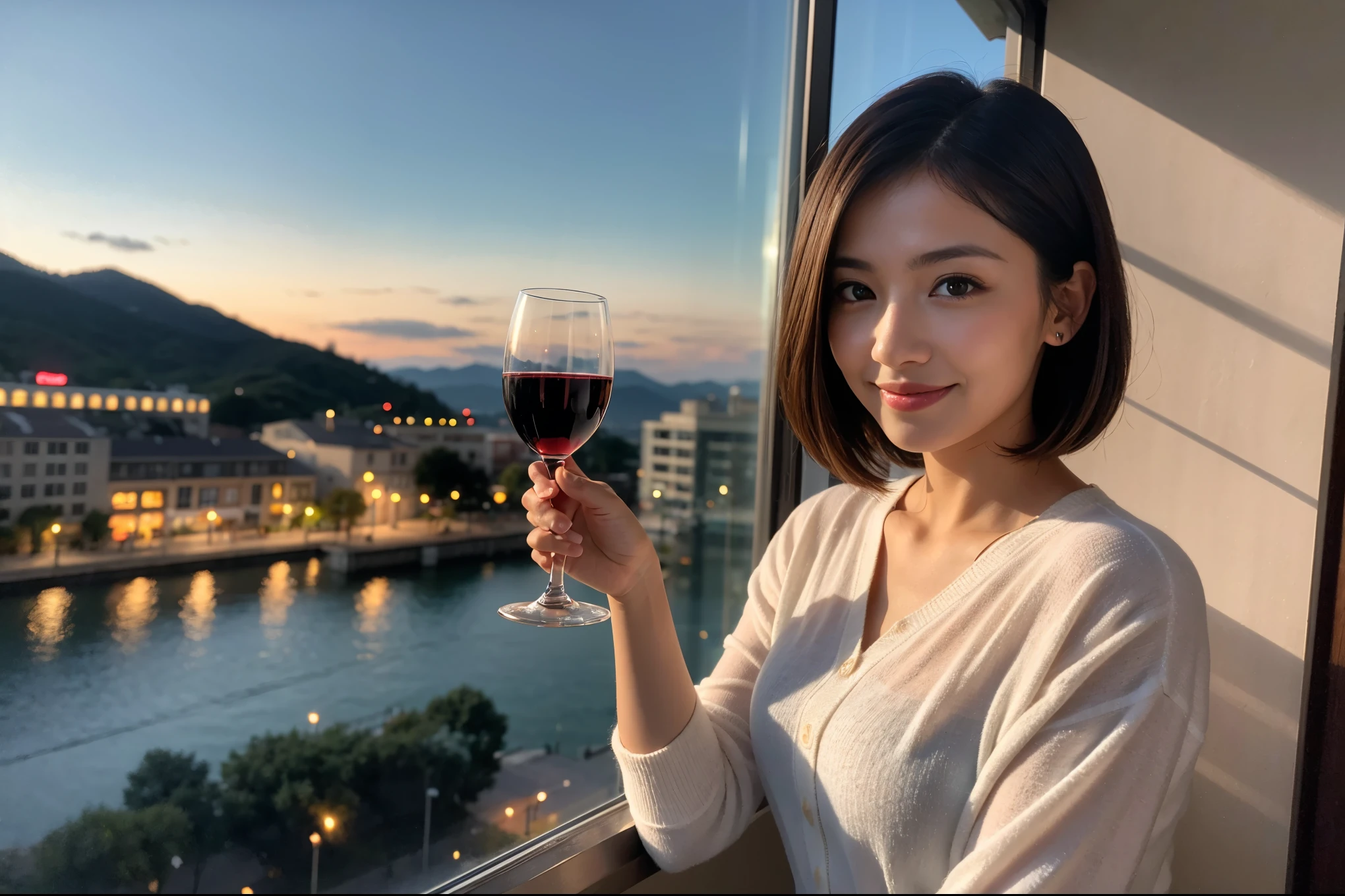 ((highest quality、8k、masterpiece:1.3))、Sharp focus:1.2、Beautiful woman perfect body:1.4、slimなボディ、((Bob Hale、Straight hair:1.2))、(to be born, highest quality, masterpiece:1.5), (Realistic, Intricate details:1.2), Ultra-high resolution, Shine light on your face、Amazing view of the sunset sky and clouds、Amazing mountain views、ニコニコ明るいsmile、wine glass、red wine 、Appetizers、Italian food、Wine bottle、Champagne、sparkling wine、, Beautiful Face, blue eyes, The light shines on your face, Blushing, short hair,Bright Face、Fox face、 (36 years old), 39 years old, Lady、Two beauties、Brown Hair、Shortcuts、Long sleeve shirt、dress、Pretty Woman 1, (slimな顔), (The body is slim), (Brown Hair), (Shortcuts), cheeks turn a little red,Attractive beauty、, Out of the window, A beautiful and detailed night view unfolds.........., restaurant, In a prominent place (From the waist up) Nova Frog Style, actress, model, Upper Body, White wine, slim, wine glass, 真ん中に置かれたwine glass, smile, (smile: 1.15), Beautiful fine grain, Depth f/2,saturation, High Contrast, Strong light and shadow,Moist Body:1.5、3D texture、Delicate eyes、Brown Hair、The hair is very shiny、
