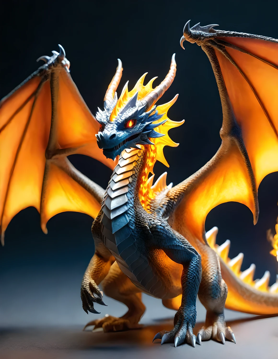A small, alien-like dragon creature composed of fire and ash, embodying a spiritual essence. It has glowing eyes that shine with an otherworldly light and sparks that dance and flicker around it. The creature’s form is intricate and detailed, with scales that seem to shift and change like flames. Its wings, if present, would be made of the same fiery material, giving it an ethereal and dynamic appearance. The overall design should capture the essence of a being that is both otherworldly and fiercely alive, with a focus on the detailed textures and the dynamic play of light and shadow across its fiery form.