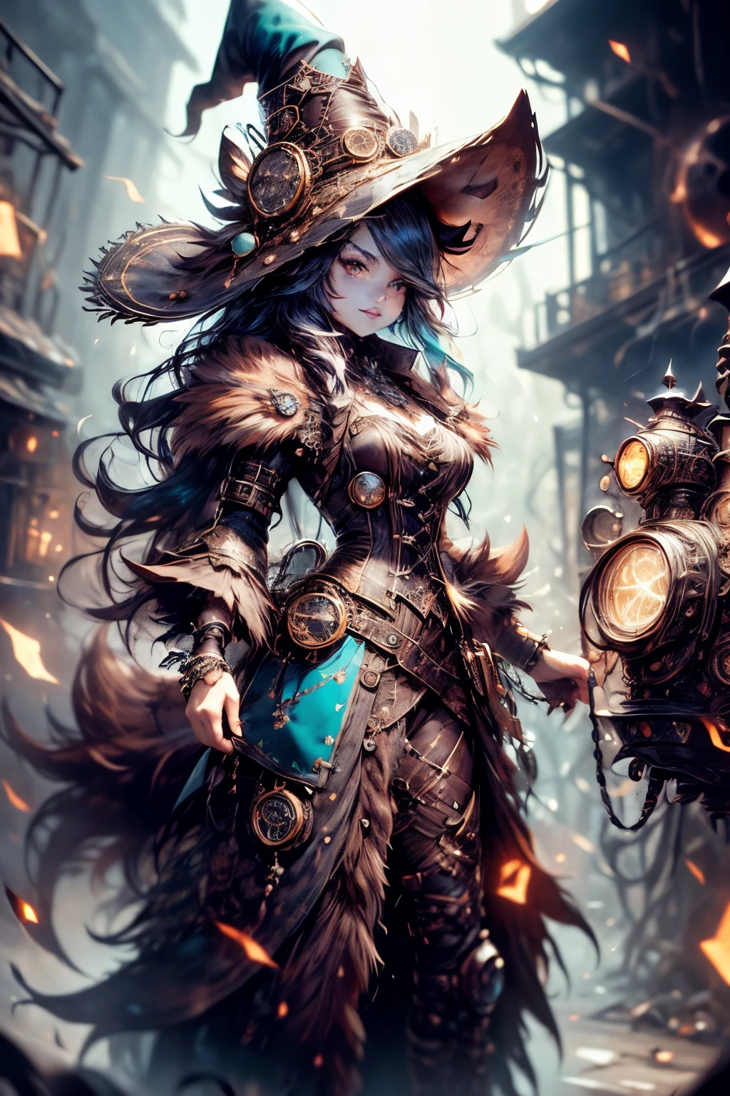[Best quality, Shaded, extreme detail, highly detailed, ultra detailed, intricate, Realistic], woman, hairy woman, wolf woman, full body portrait, full fur, magic fur, full tail, big signal, magic tail, long hair ( colored hair), hat on the head (steampunk style witch hat), almond-shaped eyes (bright turquoise color), expressive smile, charming face, witch outfit (dark color with magic runes, the outfit is in steampunk style), black tights, shoes (high steampunk boots), the scene takes place in a narrow alley with a sinister and dark atmosphere.