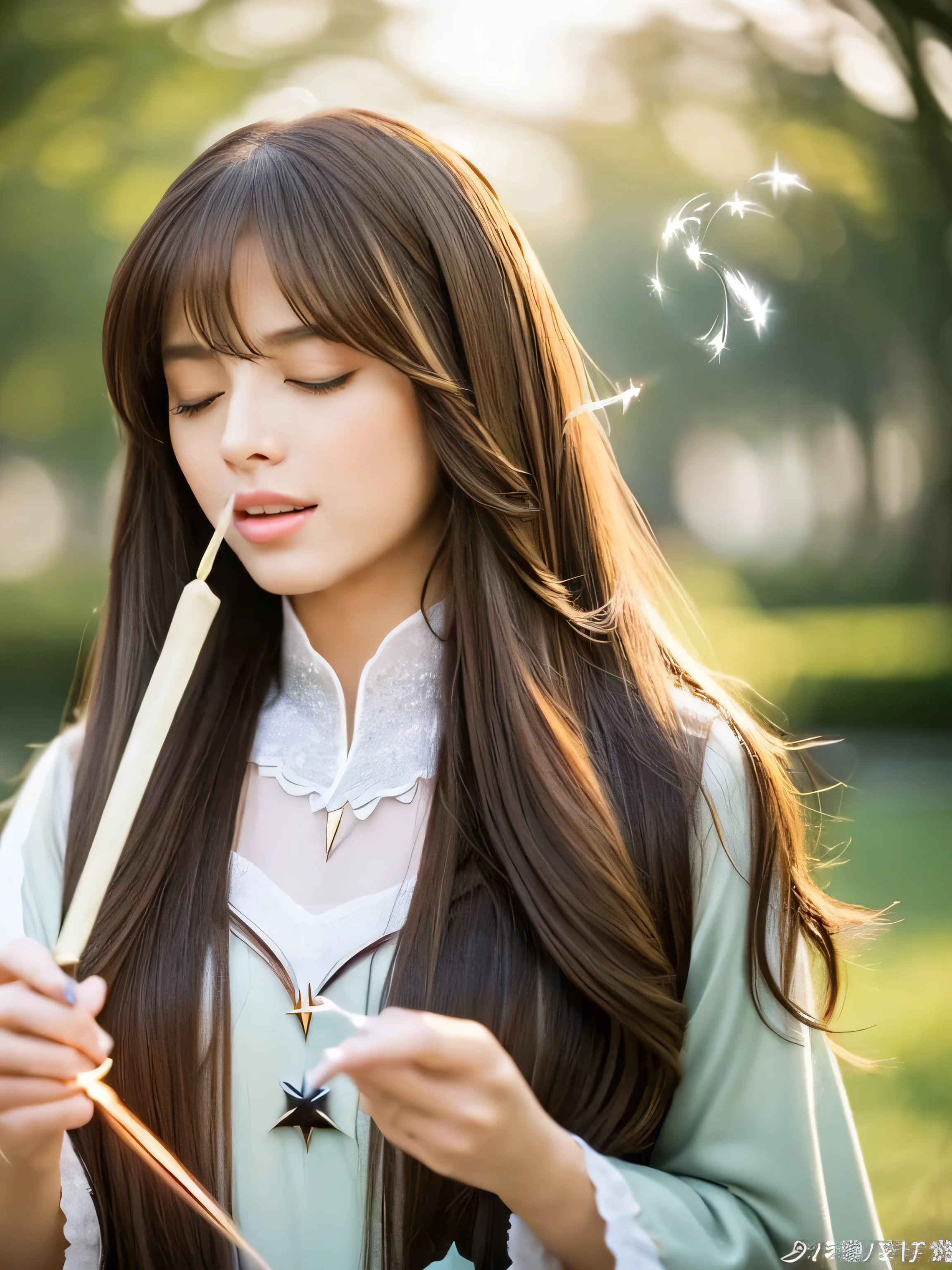((Full Shot:1.3))　(big 1.4)　((highest quality)), ((masterpiece)), (Get used to it), Perfect Face　(1 girl)　(Japanese)　(She is 18 years old、The cutest and most beautiful fantasy girl from Japan)　((highest quality)), ((masterpiece)), length Light brown hair 　length, Shiny brown hair, Silky Hair, Straight brown hair, length light brown straight hair, Perfect Silky Straight Hair, Straight light brown hair　Her hair is long and straight, detailed 　((big 1.4))　Super Long Hair down to the ankles　((Neat bangs　The neatly trimmed bangs are princess cut and cover the entire forehead.........))...　bright crimson lips　good, Anatomically correct hand　Thin fingers　Anatomically correct five fingers　Sexy professional makeup　Beautiful Japanese girl face, Japanese facial features, Long Hair shiny Long Hair, length, Shiny light brown hair, length, Straight light brown hair, Her hair is long and straight, Super Long Hair girl, Silky Hair, length Light brown hair, Silky Hair, length, Flat Hair, Silky texture, Long Hair, length, Flowing light brown hair, thin and shiny hair　Anatomically correct、White beautiful human skin and detail of hands and fingers　Beautiful Eyes　Mouth Details　the corners of the mouth rise slightly　Cool look　　(The eyebrows are dark brown in color)　　(She is wearing the gorgeous blue dress worn by Cinderella in the live-action version.　Disney Color Photos、tumbler、Renaissance、Cinderella、She is wearing a gorgeous white Victorian dress..)　(This is a European pasture in the 16th century.:1.5)　(She has a healing wand、Posing as if casting a healing spell。.:2.4)　(close your eyes:1.2) (Open your mouth:1.5)