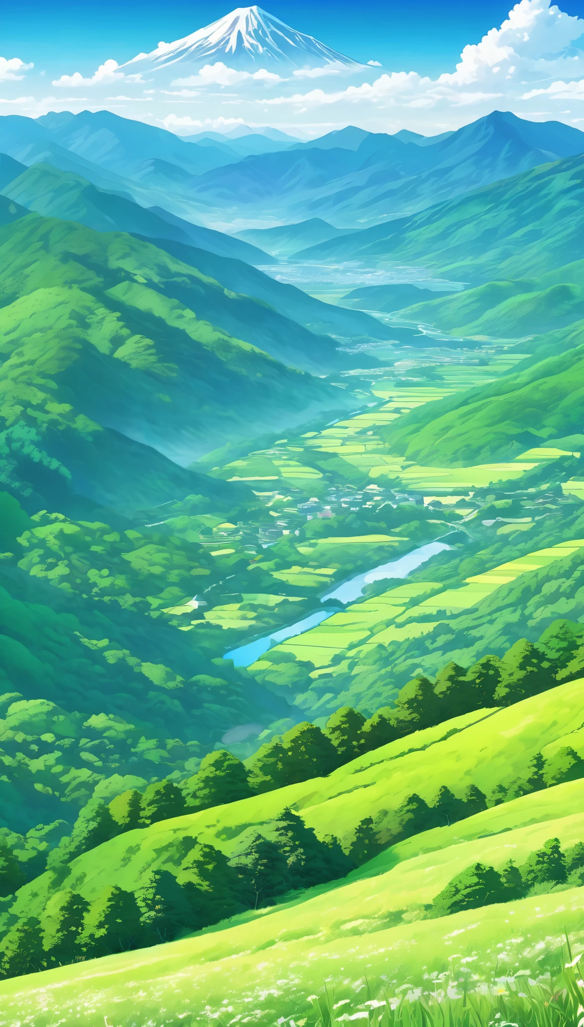 anime landscape with a mountain and a valley in the distance, anime countryside landscape, anime landscape wallpaper, beautiful anime scenery, detailed scenery —width 672, anime nature, anime landscape, anime background art, scenery artwork, anime nature wallpap, anime beautiful peace scene, 4k highly detailed digital art, beautiful art uhd 4 k, beautiful summer landscape, amazing wallpaper