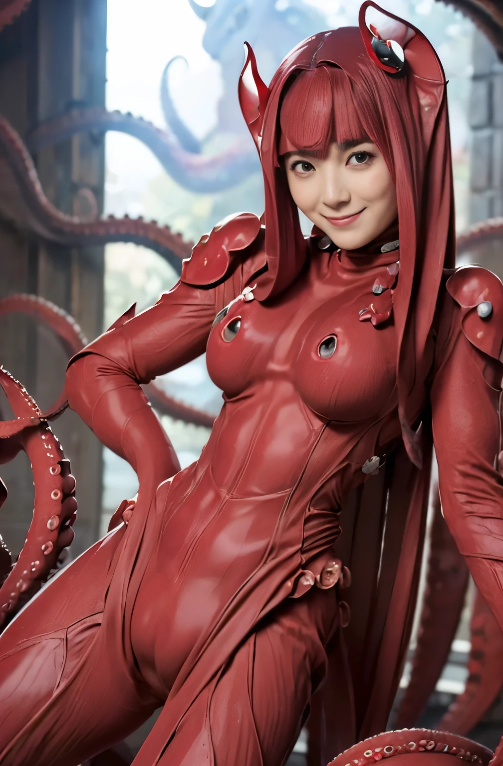 (high resolution,masterpiece,best quality,extremely detailed CG, anime, official art:1.4), realistic, photo, amazing fine details, all intricate, gloss and shiny,awesome many layers, 8k wall paper, 3d, sketch, kawaii, illustration,( solo:1.4), perfect female proportion,villainess, (fusion of octopus and lady:1.4), (octopus form lady:1.2), (octopus lady:1.2), (fusion:1.2), (solo:1.4), (evil smile:1.2), muscular, abs, (octopus exoskeleton bio insect suit:1.4), (octopus red exoskeleton bio insect armor:1.2), (red octopus antennae:1.3), tentacles,