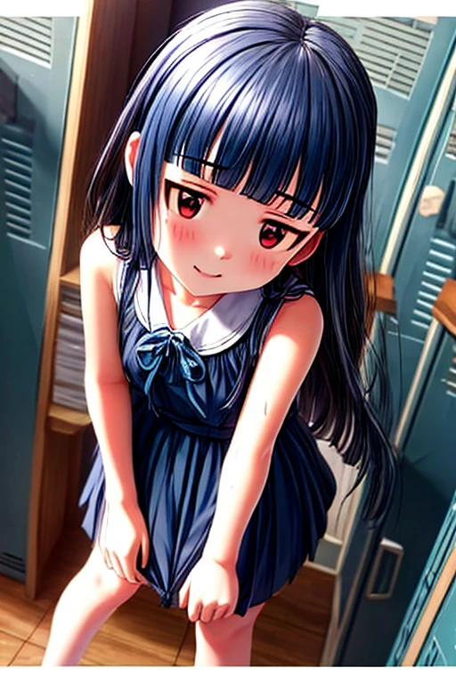 Clear Face,masterpiece,super high quality, Very detailed,Perfect drawing,Hmph,3D,8k,beautiful girl,One girl,bangs、Red Eyes、Small breasts、School制服、((She stared at me,Looking down from above)), beautiful girl with a wonderful face, Long eyelashes, School、locker room、Human ???????、smile、Wet clothes、Swimsuit under