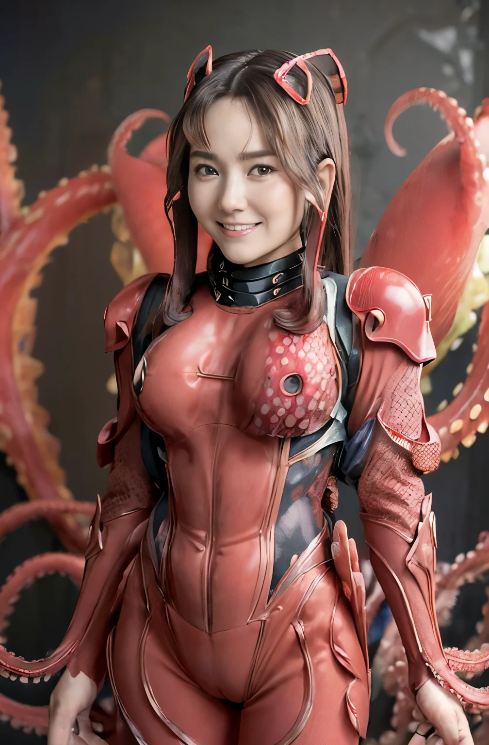 (high resolution,masterpiece,best quality,extremely detailed CG, anime, official art:1.4), realistic, photo, amazing fine details, all intricate, gloss and shiny,awesome many layers, 8k wall paper, 3d, sketch, kawaii, illustration,( solo:1.4), perfect female proportion,villainess, (fusion of octopus and lady:1.4), (octopus form lady:1.2), (octopus lady:1.2), (fusion:1.2), (solo:1.4), (evil smile:1.2), muscular, abs, (octopus exoskeleton bio insect suit:1.4), (octopus red exoskeleton bio insect armor:1.2), (red octopus antennae:1.3), feeler,