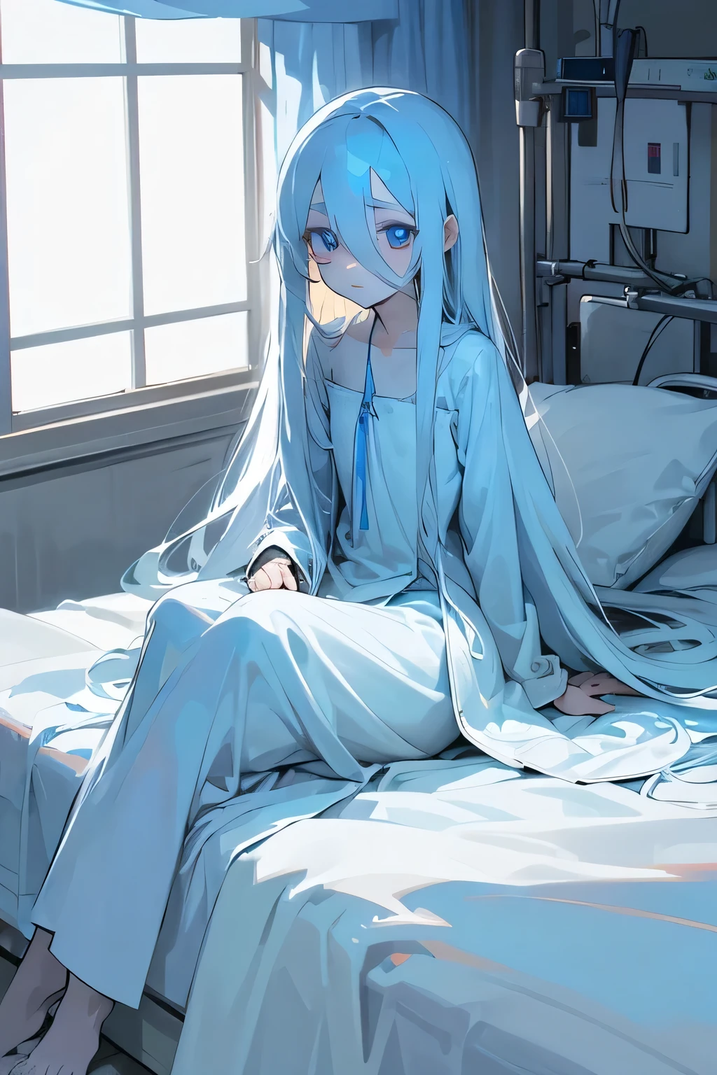 White long hair,Blue pupils,Fair skin,Very gentle,Very petite,emaciated,Small Eyes,Height 1.59 meters,Wearing a blue-and-white hospital gown,Paled face,Sitting on the bed,He was covered with a white quilt