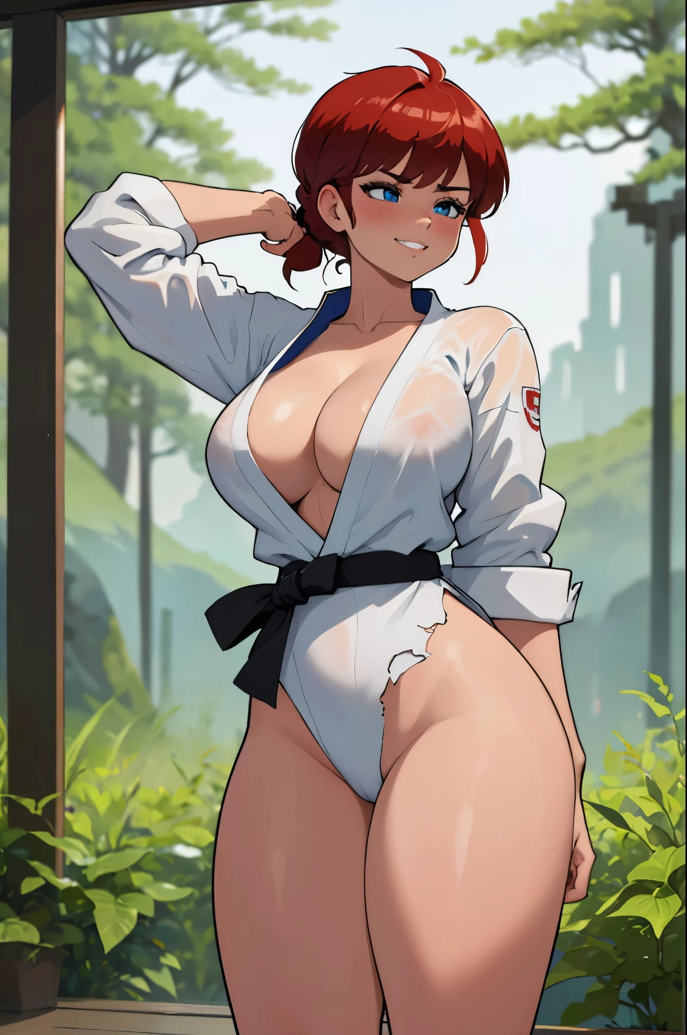 femaleranma, braided ponytail, gorgeous girl standing solo, ((arms behind back)), grin, serious face, lipstick, large blue-eyes, short red hair, blushing, perfect big tits, ((white judo gi, black belt)), ((super torn shirt open exhibing colossal cleavage)), perfect body, shining skin, perfect legs, thick thighs, masterpiece, best quality, highres, very detailed image, open forest scenery, chinese landscape, ((blur_backgorund:1.3))