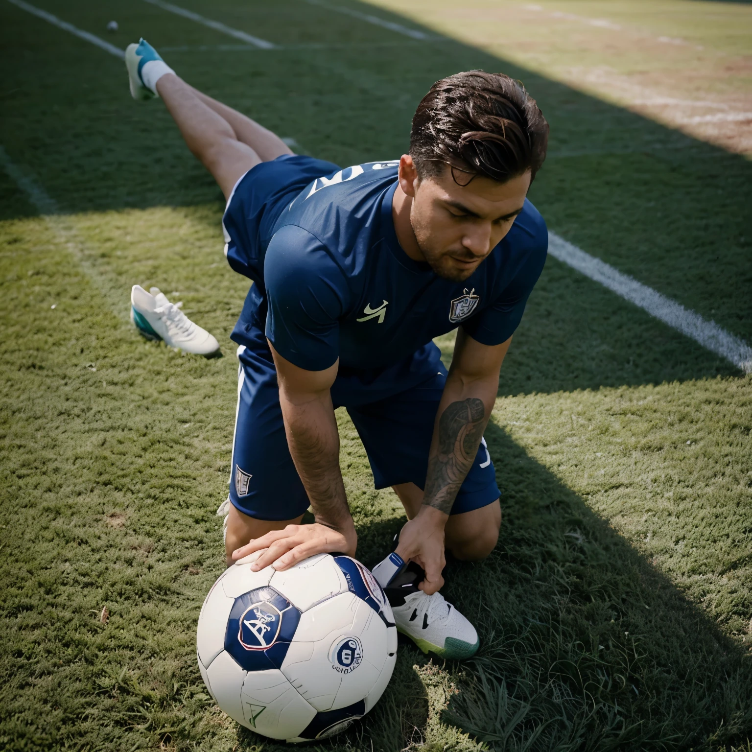 Homem segurando uma bola de futebol com um campo de futebol como fundo