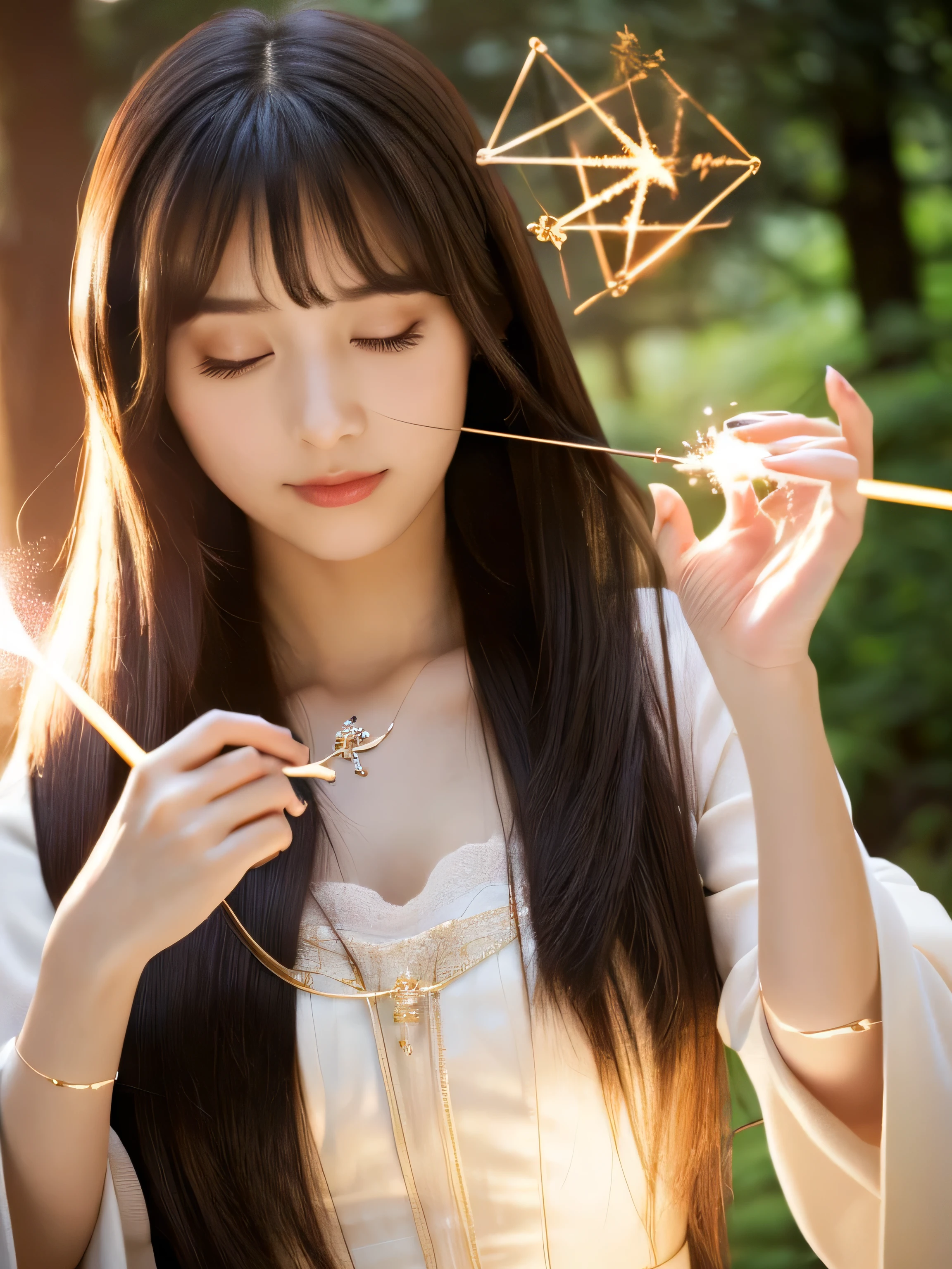 ((Full Shot:1.3)) (Big Tits 1.4) ((highest quality)), ((masterpiece)), (Get used to it), Perfect Face (1 girl) (Japanese) (She is 24 years old、The cutest and most beautiful fantasy girl in Japan) ((highest quality)), ((masterpiece)) ((Her incredibly straight, waist-length, high quality hair is very shiny and glossy and has a lot of volume and shine. Her hair is a deep black.)) (Her bangs are beautiful full bangs:1.3) (She has perfect beautiful makeup Lipstick is light red Ilaner is a beautiful black) Anatomically correct hand Thin fingers Anatomically correct five fingers Beautiful Japanese girl face, (Long Hair shiny Long Hair, length, Shiny deep black hair, length, Her hair is long and straight, Super Long Hair girl, Silky Hair, Silky Hair, length, Flat Hair, Silky texture, Long Hair, length, Flowing, deep black hair, thin and shiny hair) Anatomically correct、White beautiful human skin and detail of hands and fingers Beautiful Eyes Mouth Details the corners of the mouth rise slightly Cool look (The eyebrows are dark brown in color) (She is wearing the gorgeous white dress worn by Cinderella in the live-action version Disney Color Photos、tumbler、Renaissance、Cinderella、She is wearing a gorgeous white Victorian dress..) (This is in the forest of a fantasy world:1.5) (She holds a healing wand、Posed as if casting a healing spell:2.2) (close your eyes:1.1) (Open your mouth:1.3)