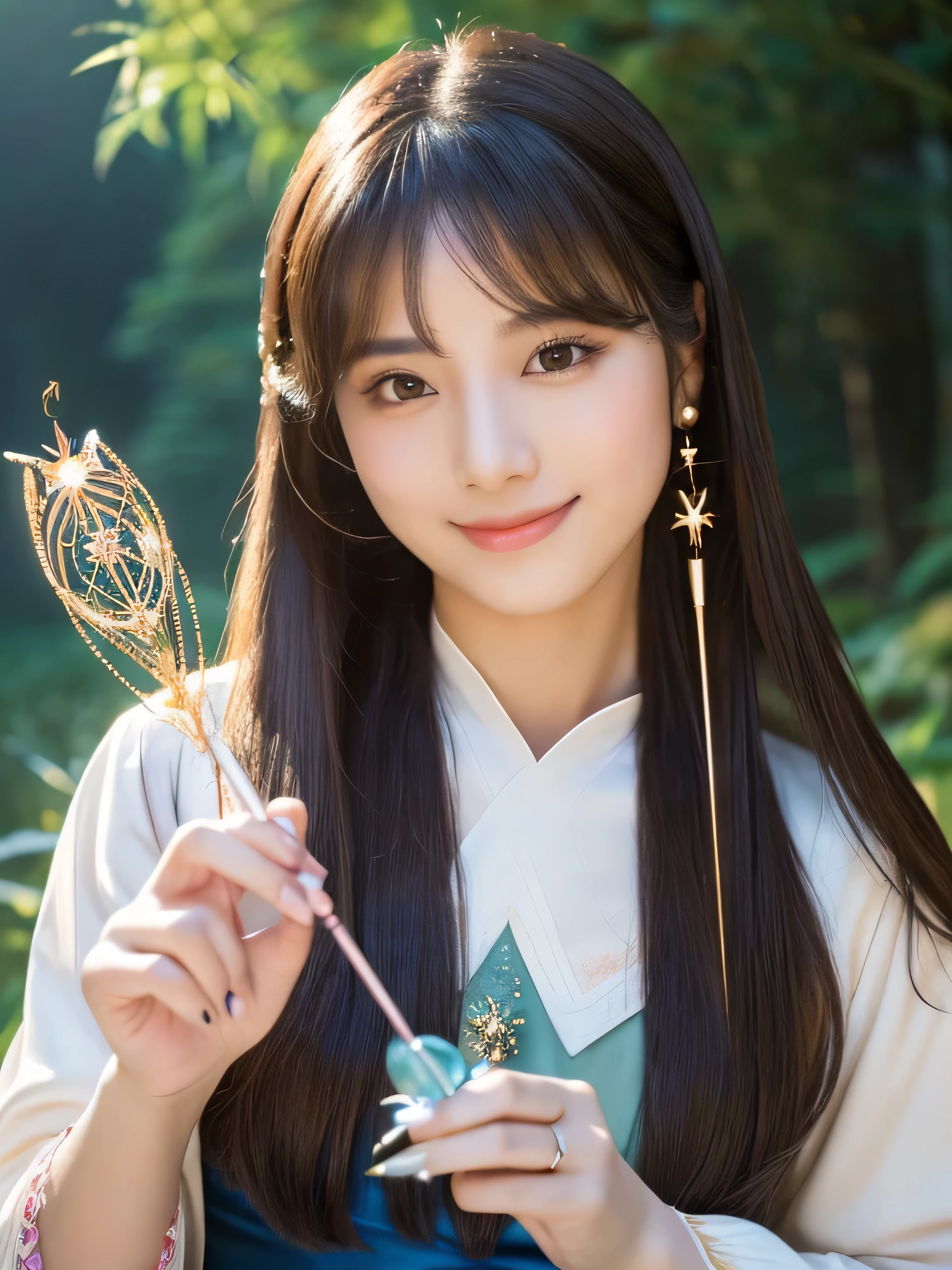 ((Full Shot:1.3)) (Big Tits 1.4) ((highest quality)), ((masterpiece)), (Get used to it), Perfect Face (1 girl) (Japanese) (She is 24 years old、The cutest and most beautiful fantasy girl in Japan) ((highest quality)), ((masterpiece)) ((Her incredibly straight, waist-length, high quality hair is very shiny and glossy and has a lot of volume and shine. Her hair is a deep black.)) (Her bangs are beautiful full bangs:1.3) (She has perfect beautiful makeup Lipstick is light red Ilaner is a beautiful black) Anatomically correct hand Thin fingers Anatomically correct five fingers Beautiful Japanese girl face, (Long Hair shiny Long Hair, length, Shiny deep black hair, length, Her hair is long and straight, Super Long Hair girl, Silky Hair, Silky Hair, length, Flat Hair, Silky texture, Long Hair, length, Flowing, deep black hair, thin and shiny hair) Anatomically correct、White beautiful human skin and detail of hands and fingers Beautiful Eyes Mouth Details the corners of the mouth rise slightly Cool look (The eyebrows are dark brown in color) (She is wearing the gorgeous white dress worn by Cinderella in the live-action version Disney Color Photos、tumbler、Renaissance、Cinderella、She is wearing a gorgeous white Victorian dress..) (This is in the forest of a fantasy world:1.5) (She holds a healing wand、Posed as if casting a healing spell:2.2) (Open your mouth:1.3) (She turns to the viewer and gives a sweet smile)