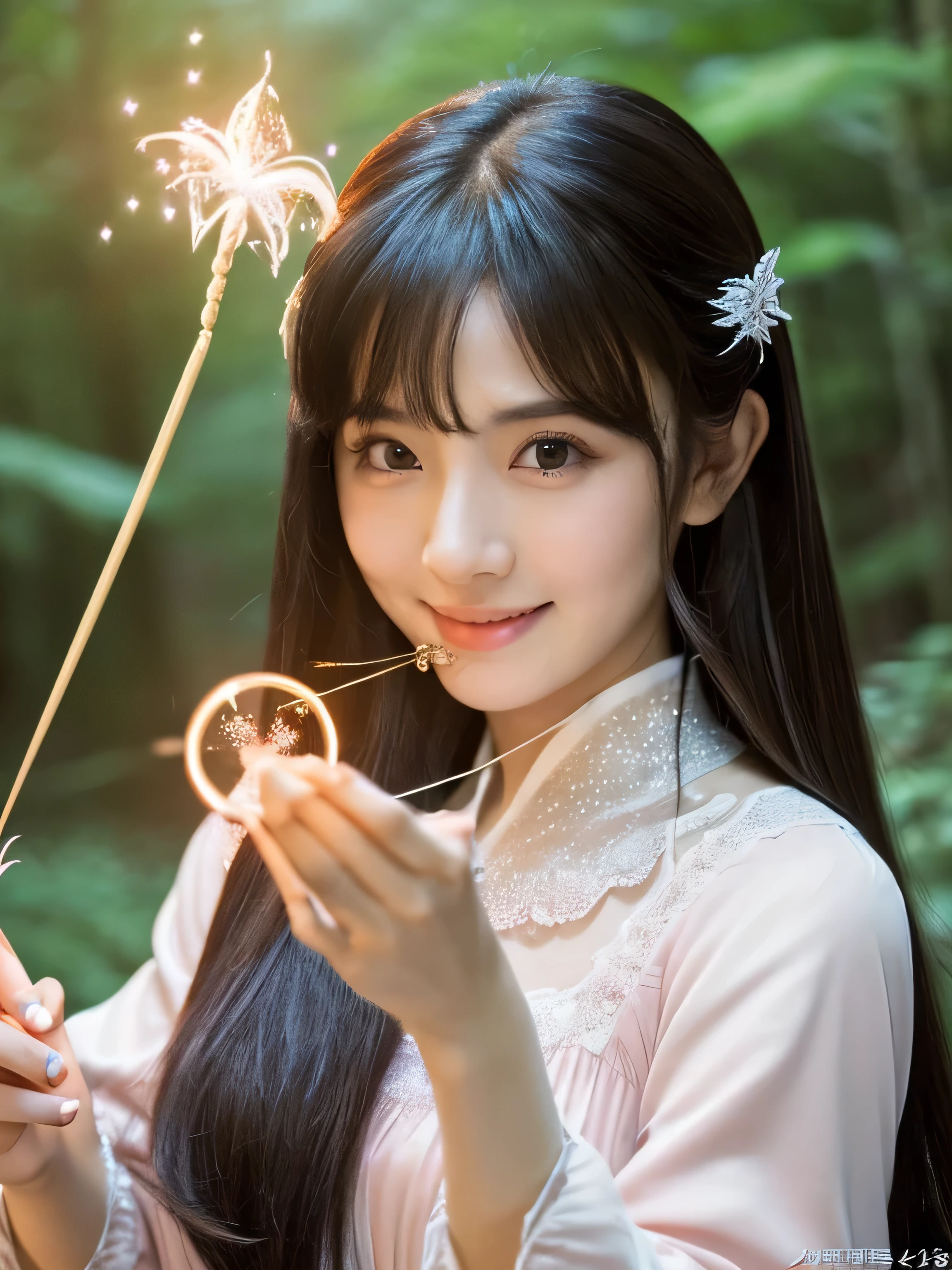 ((Full Shot:1.3))　(Big Tits 1.4)　((highest quality)), ((masterpiece)), (Get used to it), Perfect Face　(1 girl)　(Japanese)　(She is 24 years old、The cutest and most beautiful fantasy girl in Japan)　((highest quality)), ((masterpiece))　((Her incredibly straight, waist-length, high quality hair is very shiny and glossy and has a lot of volume and shine. Her hair is a deep black.))　(Her bangs are beautiful full bangs:1.3)　(She has perfect beautiful makeup　Lipstick is light red　Ilaner is a beautiful black)　Anatomically correct hand　Thin fingers　Anatomically correct five fingers　Beautiful Japanese girl face, (Long Hair shiny Long Hair, length, Shiny deep black hair, length, Her hair is long and straight, Super Long Hair girl, Silky Hair, Silky Hair, length, Flat Hair, Silky texture, Long Hair, length, Flowing, deep black hair, thin and shiny hair)　Anatomically correct、White beautiful human skin and detail of hands and fingers　Beautiful Eyes　Mouth Details　the corners of the mouth rise slightly　Cool look　　(The eyebrows are dark brown in color)　　(She is wearing the gorgeous white dress worn by Cinderella in the live-action version 　Disney Color Photos、tumbler、Renaissance、Cinderella、She is wearing a gorgeous white Victorian dress..)　(This is in the forest of a fantasy world:1.5)　(She holds a healing wand、Posed as if casting a healing spell:2.2)　(Open your mouth:1.3)　(She turns to the viewer and gives a sweet smile)