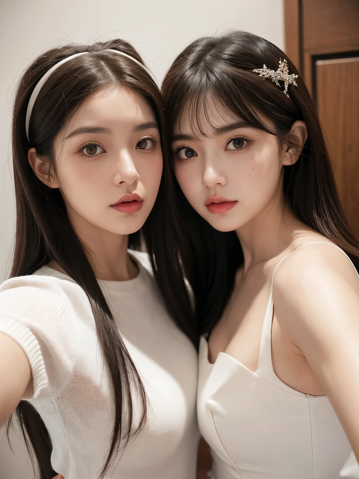Kim Jennie with white brown hair, con rulos en las puntas, with two bows on each side of the hair, all her hair white brown, with a star clip in her white brown hair, ojos de color claro, ojos bonitos, ojos llorosos, nariz bonita y respingada, nariz lloroso, labios bonitos, labios rosas, heart and cupid shaped lip, piel bonita, pale, piel blanca, con lunares y pecas en todo el rostro, rubor rosa suave en las mejilla, rubor rosa natural, maquillaje suave y rosa, jennie, cuello bonito, cuello marcado, frown, mirada tierna, con un collar de beso, un collar bonito de beso, parecido a Yumeko Jabami, mientras lleva puesto un Crochet YK2, de lana, with a YK2 style brown mini skirt, mientras tiene el abdomen desnudo, delgado, marcado y bonito, (pechos grandes, pechos suaves, pechos bonitos), mientras esta haciendo cospaly del personaje Yumeko Jabami, del anime Kakegurui, mirando a la camara, autofoto, selfie bonita