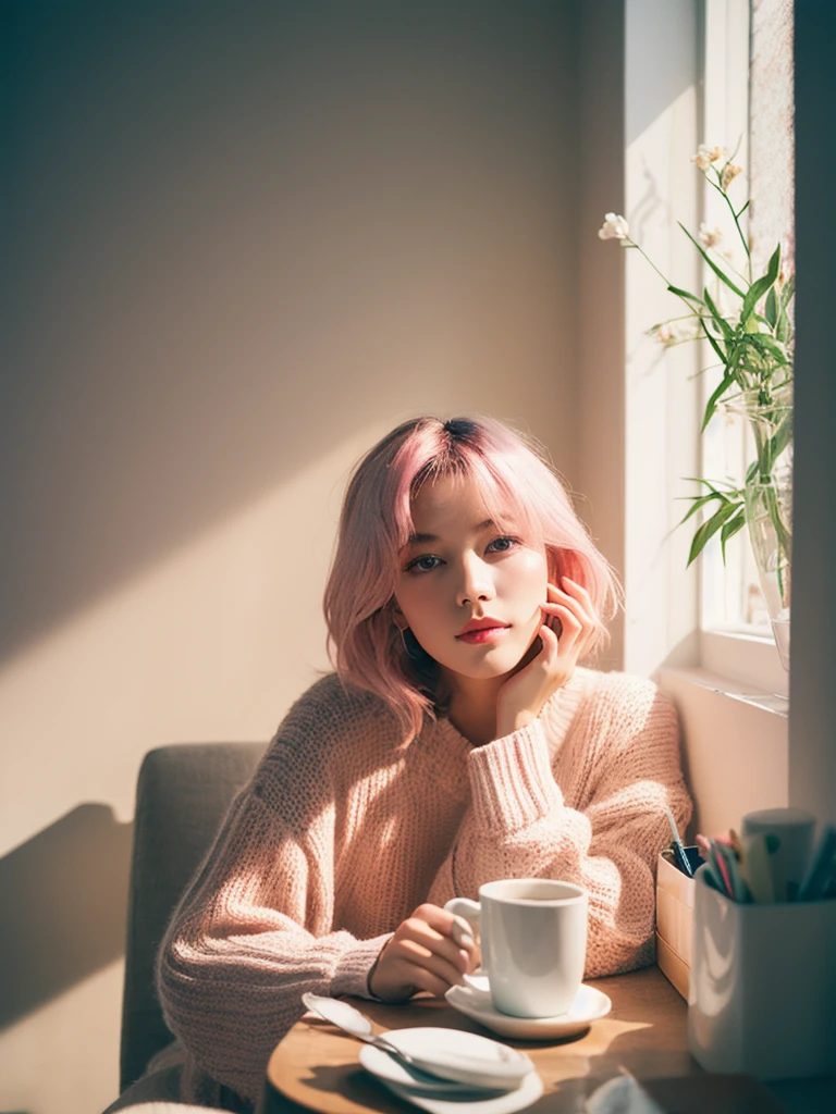 (brown,blonde,pink hair),coffee cup,morning light,cozy atmosphere,artistic portrait,soft pastel colors,professional lighting,flowers in the background.