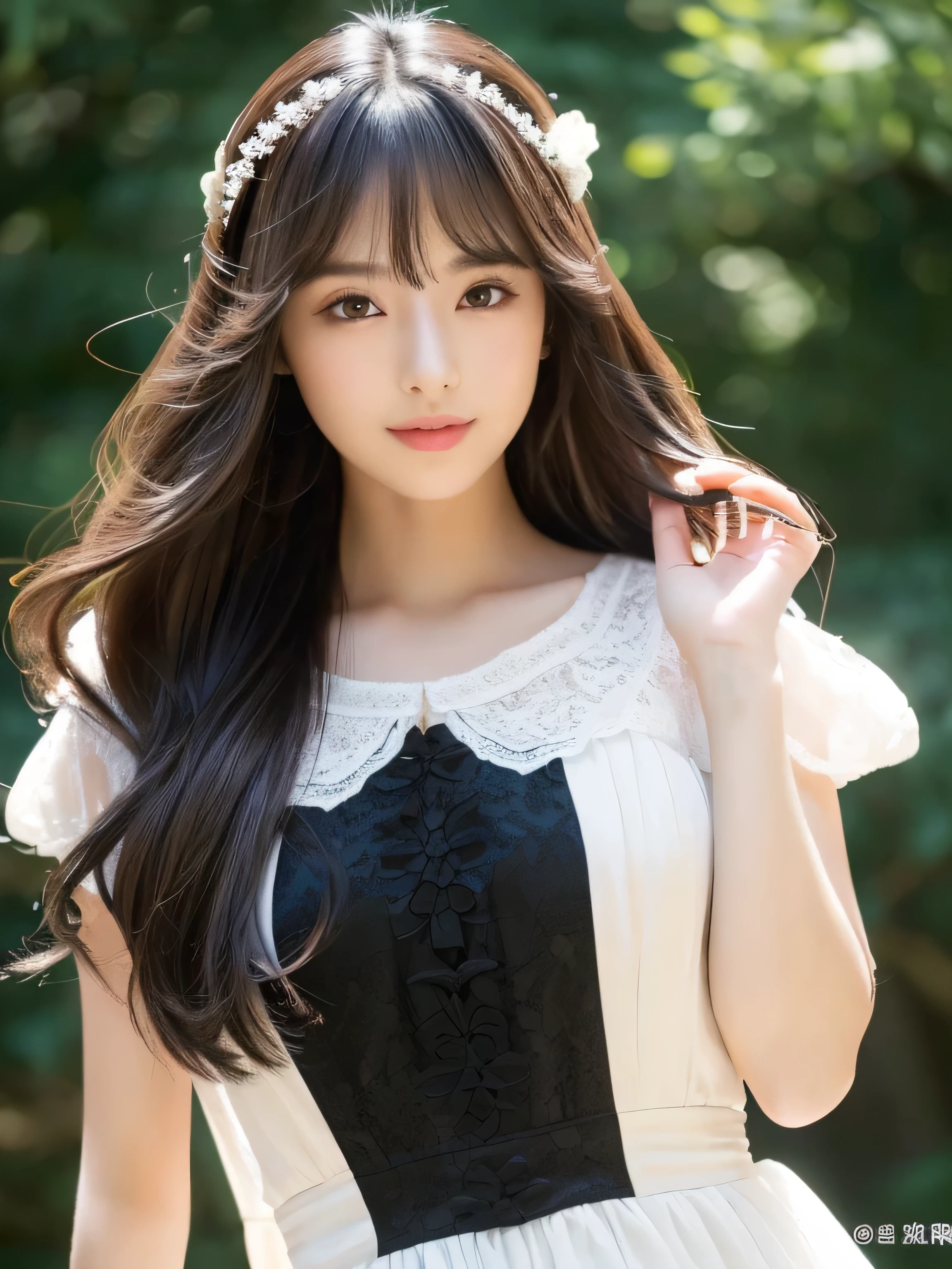((Full body shot:1.5)) (Big Tits 1.4) ((highest quality)), ((masterpiece)), (Get used to it), Perfect Face (1 girl) (Japanese) (She is 24 years old、The most beautiful fantasy women in Japan) ((highest quality)), ((masterpiece)) ((Her incredibly straight, waist-length, high quality hair is very shiny and glossy and has a lot of volume and shine. Her hair is a deep black.)) (Her bangs are beautiful full bangs:1.3) (She has perfect beautiful makeup Lipstick is light red Ilaner is a beautiful black) Anatomically correct hand Thin fingers Anatomically correct five fingers Beautiful Japanese girl face, (Long Hair shiny Long Hair, length, Shiny deep black hair, length, Her hair is long and straight, Super Long Hair girl, Silky Hair, Silky Hair, length, Flat Hair, Silky texture, Long Hair, length, Flowing, deep black hair, thin and shiny hair) Anatomically correct、White beautiful human skin and detail of hands and fingers Beautiful Eyes Mouth Details the corners of the mouth rise slightly Cool look (The eyebrows are dark brown in color) (She is dressed in a fantasy pure white lace gown dress and healing spellcaster gear.:1.5 She is wearing a gorgeous white Victorian dress:1.I'm wearing 5..) (This is in the forest of a fantasy world:1.5) (She holds a healing wand、Posed as if casting a healing spell:2.2) (Open your mouth:1.3) (She turns to the viewer and gives a sweet smile)