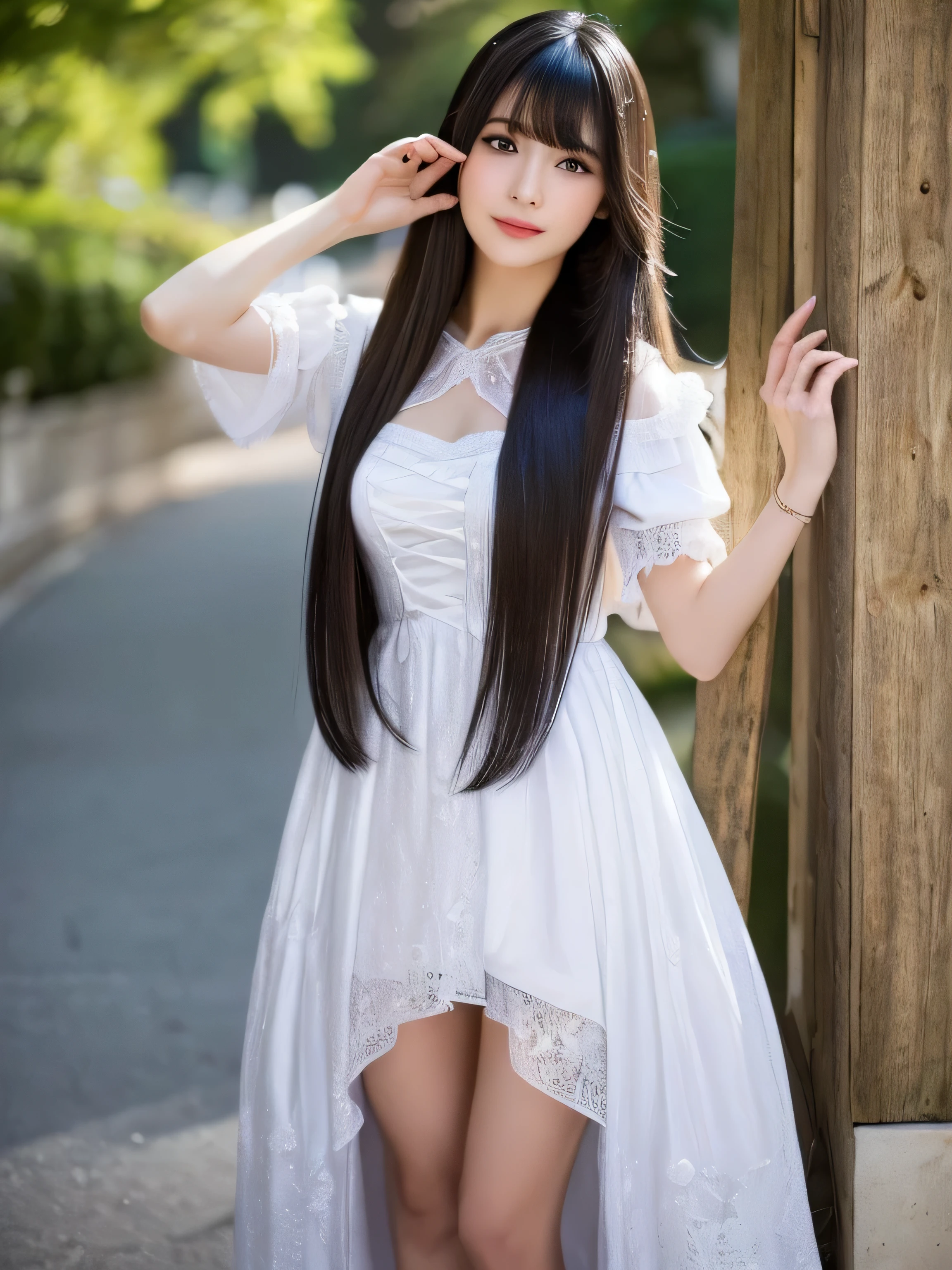 ((Full body shot:1.5)) (Big Tits 1.4) ((highest quality)), ((masterpiece)), (Get used to it), Perfect Face (1 girl) (Japanese) (She is 24 years old、The most beautiful fantasy women in Japan) ((highest quality)), ((masterpiece)) ((Her incredibly straight, waist-length, high quality hair is very shiny and glossy and has a lot of volume and shine. Her hair is a deep black.)) (Her bangs are beautiful full bangs:1.3) (She has perfect beautiful makeup Lipstick is light red Ilaner is a beautiful black) Anatomically correct hand Thin fingers Anatomically correct five fingers Beautiful Japanese girl face, (Long Hair shiny Long Hair, length, Shiny deep black hair, length, Her hair is long and straight, Super Long Hair girl, Silky Hair, Silky Hair, length, Flat Hair, Silky texture, Long Hair, length, Flowing, deep black hair, thin and shiny hair) Anatomically correct、White beautiful human skin and detail of hands and fingers Beautiful Eyes Mouth Details the corners of the mouth rise slightly Cool look (The eyebrows are dark brown in color) (She is dressed in a fantasy pure white lace gown dress and healing spellcaster gear.:1.5 She is wearing a gorgeous white Victorian dress:1.I'm wearing 5..) (This is in the forest of a fantasy world:1.5) (She holds a healing wand、Posed as if casting a healing spell:2.2) (Open your mouth:1.3) (She turns to the viewer and gives a sweet smile)