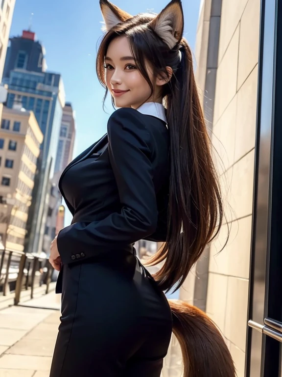 ((highest quality, 32k)), ((masterpiece)), (Get used to it), Perfect Face, Fox Girl, Beautiful woman, public, There is a tail, she has a fox tail, She wags her fluffy tail, smile, collar, She wears a business suit, Beautiful hip line, A tail sticking out from a business suit, Large Breasts, Big Ass