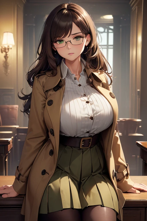 ((masterpiece)), (best quality:1.7), (detailed:1.4), (high res:1.4), 8k, (colorful:1.5), high resolution, sharped image, 4k, hd, (beautiful detailed background:1.2), (beautiful lighting:1.2), (highly detailed:1.2), perfect lighting, (8k wallpaper:1.2), (highly detailed:1.2), (extremely detailed CG:1.2), ((dark brown medium long straight hair with bangs covering an eye)), (hair bangs covering one eye), ((only dark brown hair)), ((large chest)), ((busty)), curvy figure, (((hazel-green eyes))), (((detective outfit with brown tan trench coat and button blouse and a long length pleated skirt and long stockings))), glasses, serious expression, mature, older, human adult, tall, fullbody