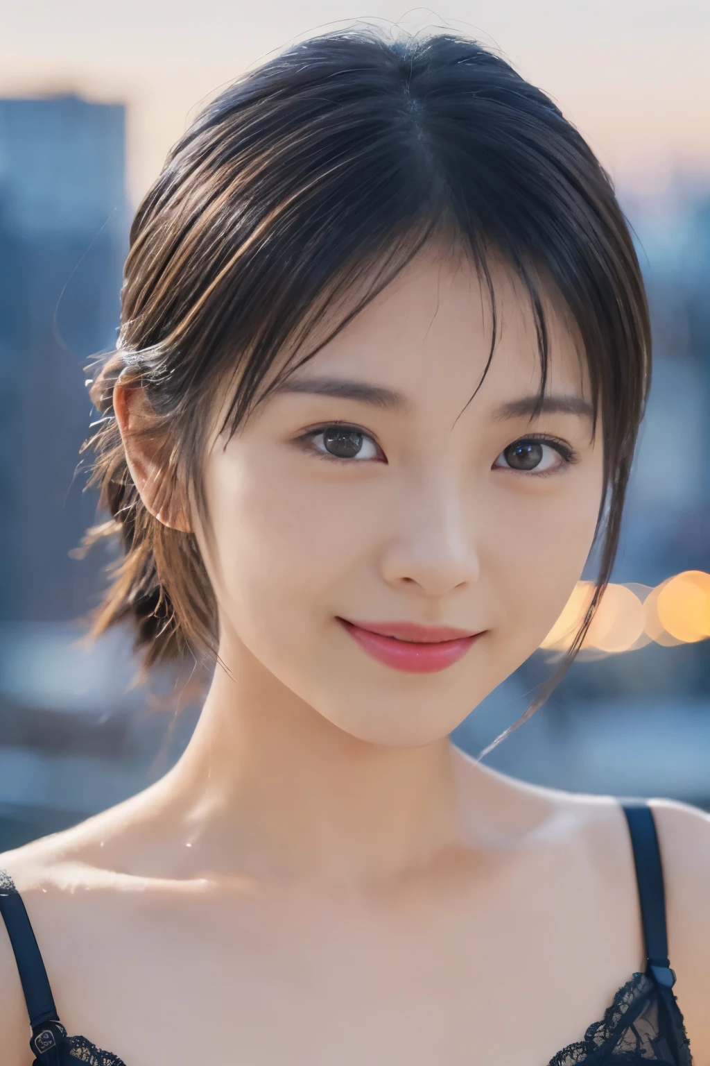 1 girl, ((Close-up of face:1.6)、(Black Strapless Bra:1.2), Beautiful Japanese actresses,(very small flat chest:1.3)、
(RAW Photos, highest quality), (Realistic, Photorealistic:1.4), masterpiece,
Very delicate and beautiful, Very detailed, 2k wallpaper, wonderful,
finely, Very detailed CG Unity 8K 壁紙, Very detailed, High resolution,
Soft Light, Beautiful detailed girl, Very detailed目と顔, Beautiful and detailed nose, Beautiful and detailed, Cinema Lighting,
break
(Against the backdrop of a snowy night cityscape 1.3), City lights, (It's snowing:1.3),
Perfect Anatomy, Slender body, smile, Face the front completely, Looking at the camera