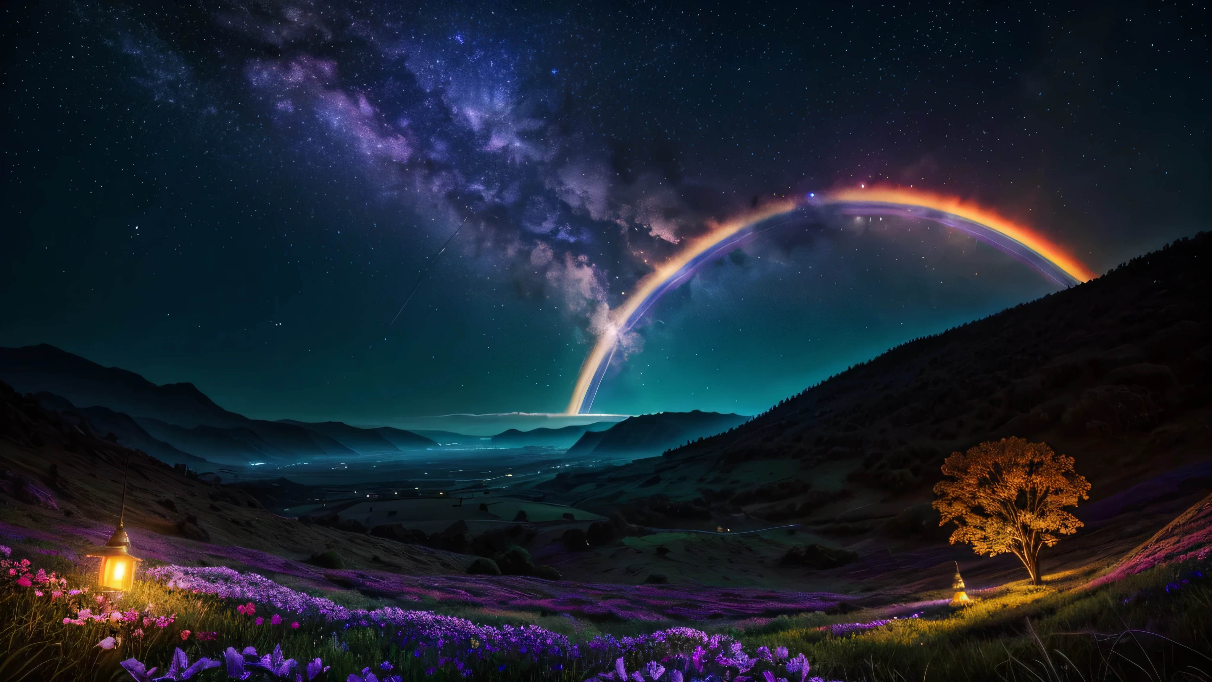 Vast landscape photography, (View from below。The sky and wilderness below。),  Standing in a flower garden and looking up, (full moon: 1.2), (shooting star: 0.9), (nebula: 1.3), Distant Mountain, Treebreak Production Art, (Warm light source: 1.2), (fire Fly: 1.2), lamp, Purple and Orange, Intricate details, Volumetric lighting, Realism Break (masterpiece: 1.2) (highest quality), 4K, Very detailed, (moving composition: 1.4), Extremely detailed and colorful, (Rainbow-colored: 1.2), (Shining Lights, Atmospheric lighting), dream-like, Magic, (alone: 1.2)