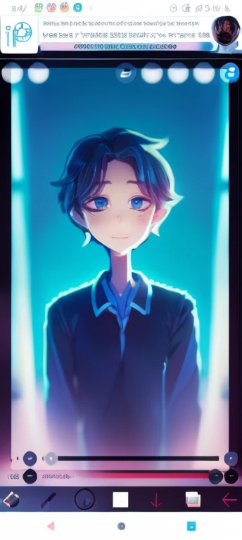 There is a boy sitting in the back of a classroom ( un chico de cabello azul) corte de cabello: medium mullet, el chico tiene ojos grises profundos, cejas rectas, ropa: camisa blanca de vestir,(chico viendo al frente)