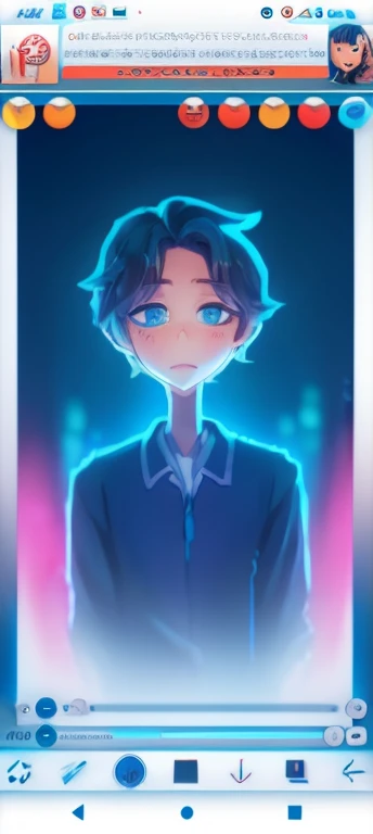 There is a boy sitting in the back of a classroom ( un chico de cabello azul) corte de cabello: medium mullet, el chico tiene ojos grises profundos, cejas rectas, ropa: camisa blanca de vestir,(chico viendo al frente)