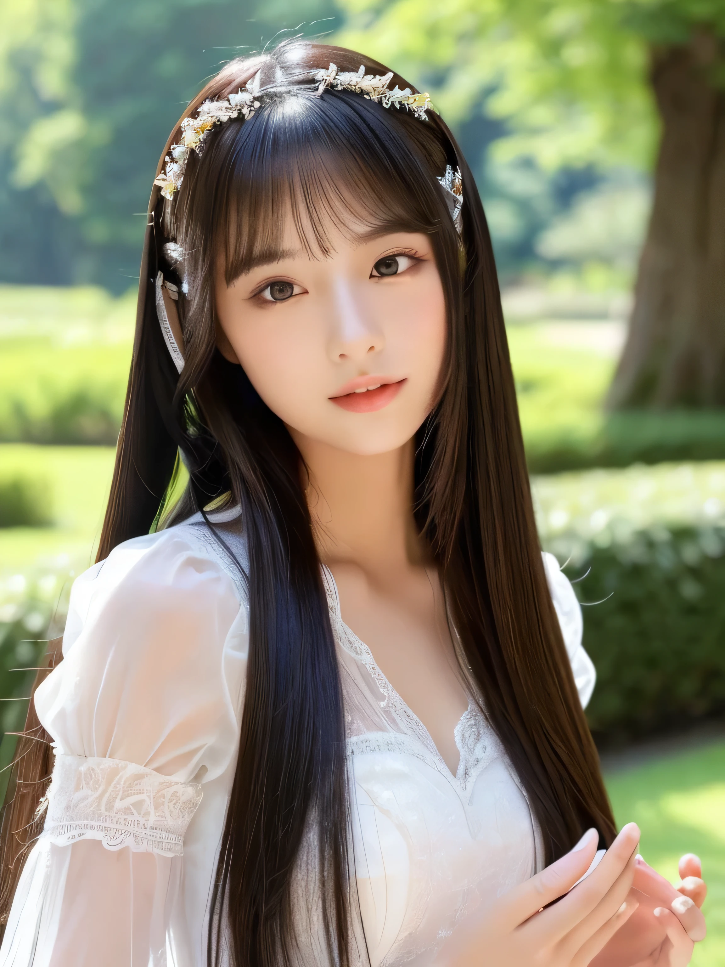 (This is a forest in a fantasy world.:1.5)　((Full Shot:1.3))　(big 1.4)　((highest quality)), ((masterpiece)), (Get used to it), Perfect Face　(1 girl)　(Japanese)　(She is 24 years old、The most beautiful fantasy girls in Japan)　((highest quality)), ((masterpiece))　((Her incredibly straight, waist-length, high quality hair is very shiny and glossy and has a lot of volume and shine. Her hair is a deep black.))　(Her bangs are beautiful and full:1.3)　(She has perfect beautiful makeup　Lipstick is light red　Ilaner is a beautiful black)　Anatomically correct hand　Thin fingers　Anatomically correct five fingers　Beautiful Japanese girl face, (Long Hair shiny Long Hair, length, Shiny Thick black hair, length, Her hair is long and straight, Super Long Hair girl, Silky Hair, Silky Hair, length, Flat Hair, Silky texture, Long Hair, length, Flowing, Thick black hair, thin and shiny hair)　Anatomically correct、White beautiful human skin and detail of hands and fingers　Beautiful Eyes　Mouth Details　the corners of the mouth rise slightly　Cool look　　(The eyebrows are dark brown in color)　　(She is wearing a fantasy pure white lace gown dress and healing spellcaster gear..:1.5　She is wearing a gorgeous white Victorian dress:1.I&#39;wear 5..)　　(Open your mouth:1.3)　(She turns to the viewer and smiles sweetly.)　(She has a healing wand、Posing as if casting a healing spell:2.5)