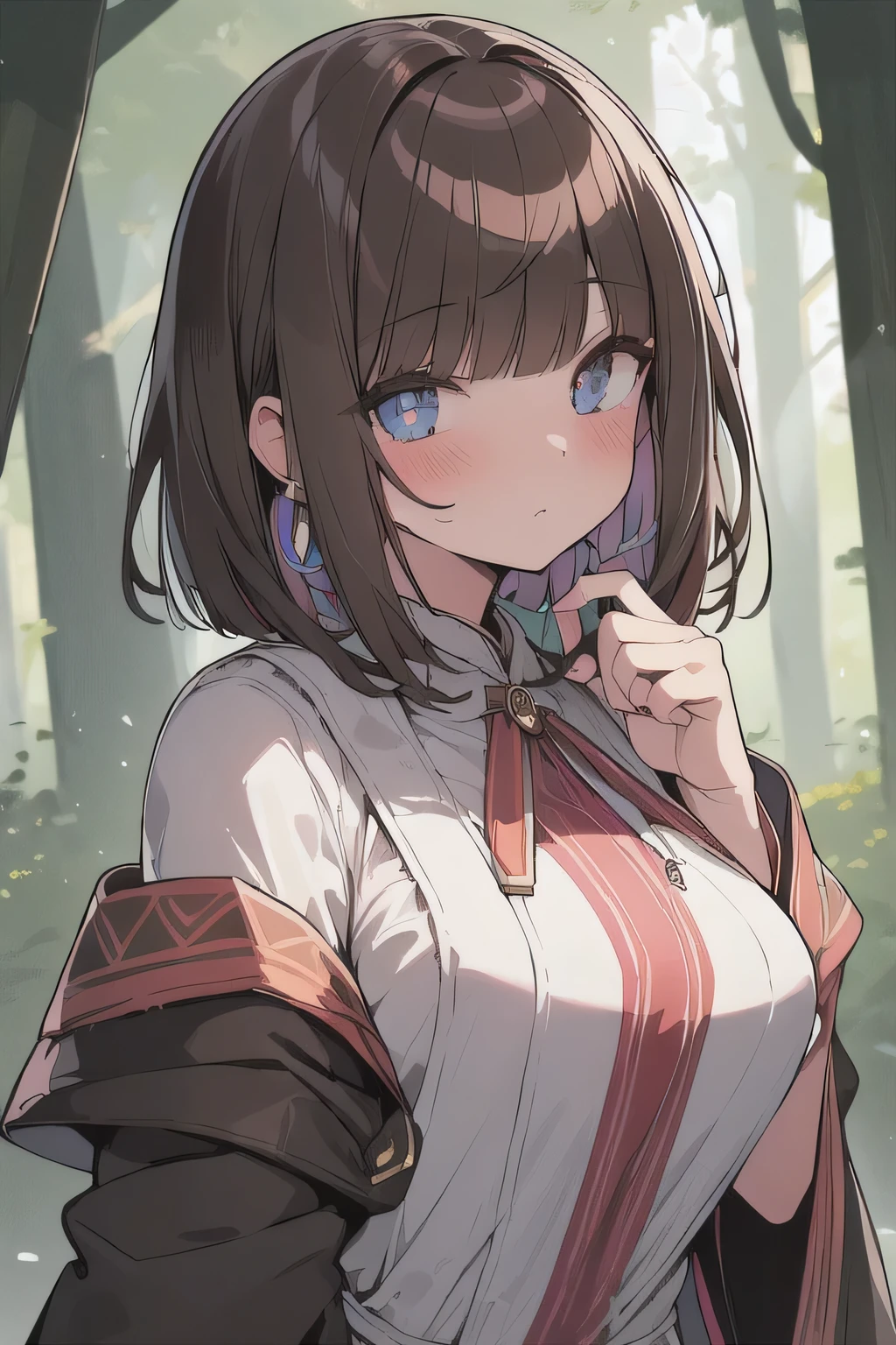 (best quality), (Super detailed), (Best Illustration), (woman), look at viewer, {(wizard robe:1.2)}, (large breasts), {(detailed eyes), (heart-shaped pupils), blue eyes}, {brown hair, (sideburns), (bob cut:1.3), curly hair, hairs between eyes, colored inner hair}, blush, earring, Enchanted Forest
