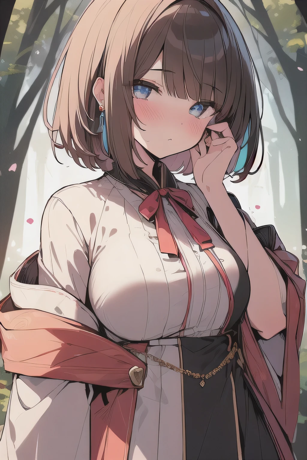 (best quality), (Super detailed), (Best Illustration), (woman), look at viewer, {(wizard robe:1.2)}, (large breasts), {(detailed eyes), (heart-shaped pupils), blue eyes}, {brown hair, (sideburns), (bob cut:1.3), curly hair, hairs between eyes, colored inner hair}, blush, earring, Enchanted Forest