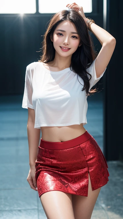 an amazingly beautiful asian girl, graceful, fashionably dressed, perfect face, long black hair, rosy cheeks, lovely detailed eyes, ((radiant smile)), elaborate jewelry, elaborate brocade embroidered shirt, red skirt, blue panties, ((see-through skirt)), plump body, plump protruding vulva, flawless white skin, drenched in sweat. Blurred background, professional lighting, sunlight shining on the girl's body and belly, 8K, super sharp, super detailed, high resolution. ((The photo focuses on the girl's abdomen and vagina)).